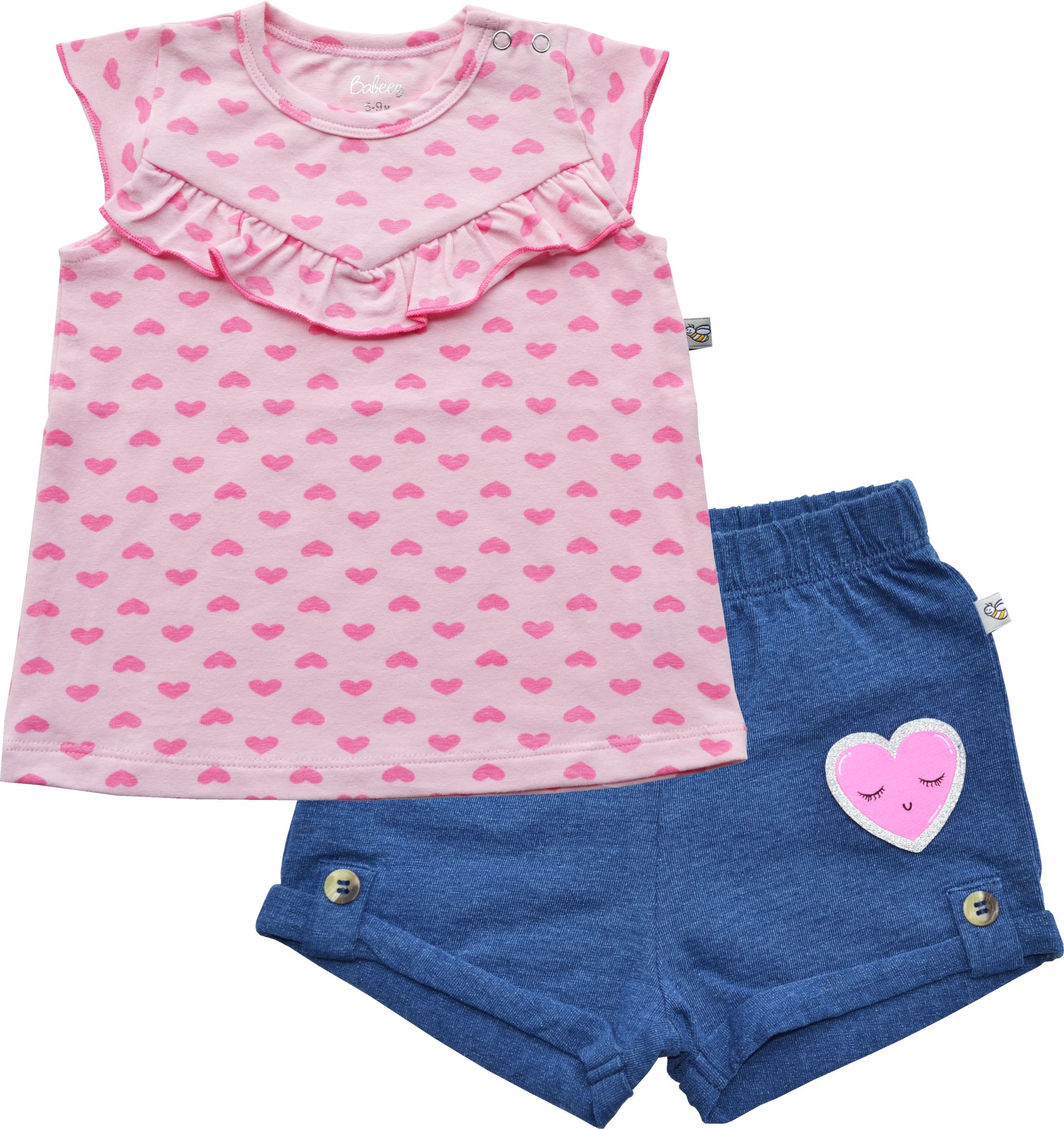 Pink AOP Top+ Denim Shorts Set