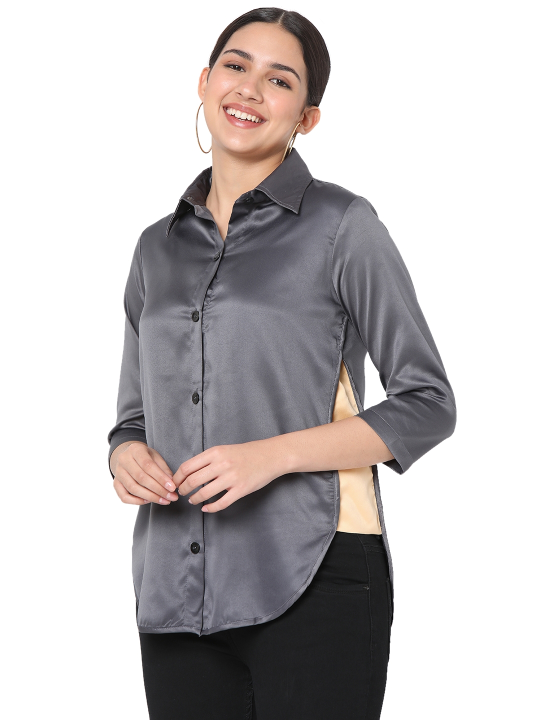 Smarty Pants | Smarty Pants women's silk satin grey color apple cut formal shirt. 1