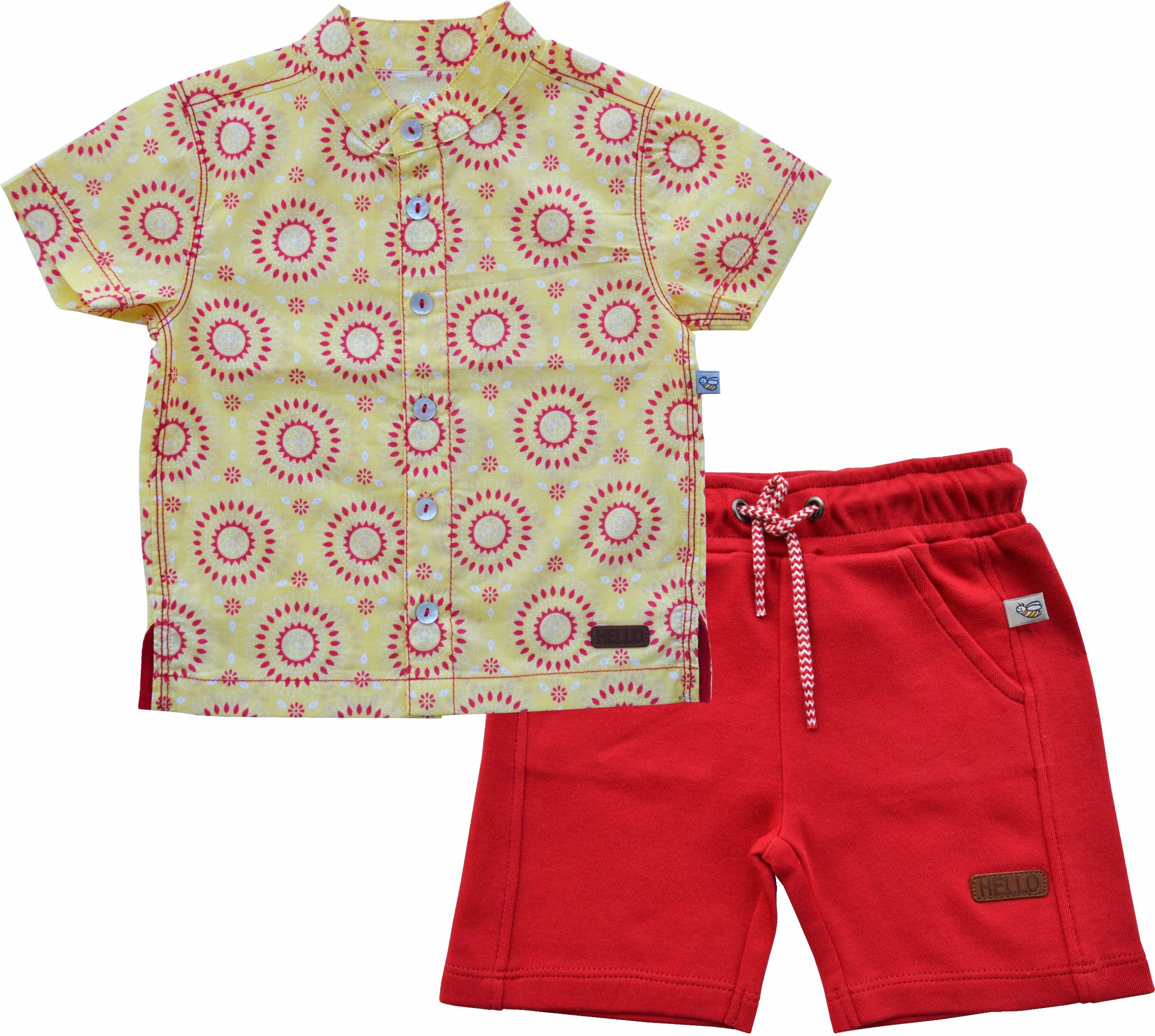 Allover Circles Print Yellow Short Sleeves Kurta Shirt+Red Shorts Set(100% Cotton)