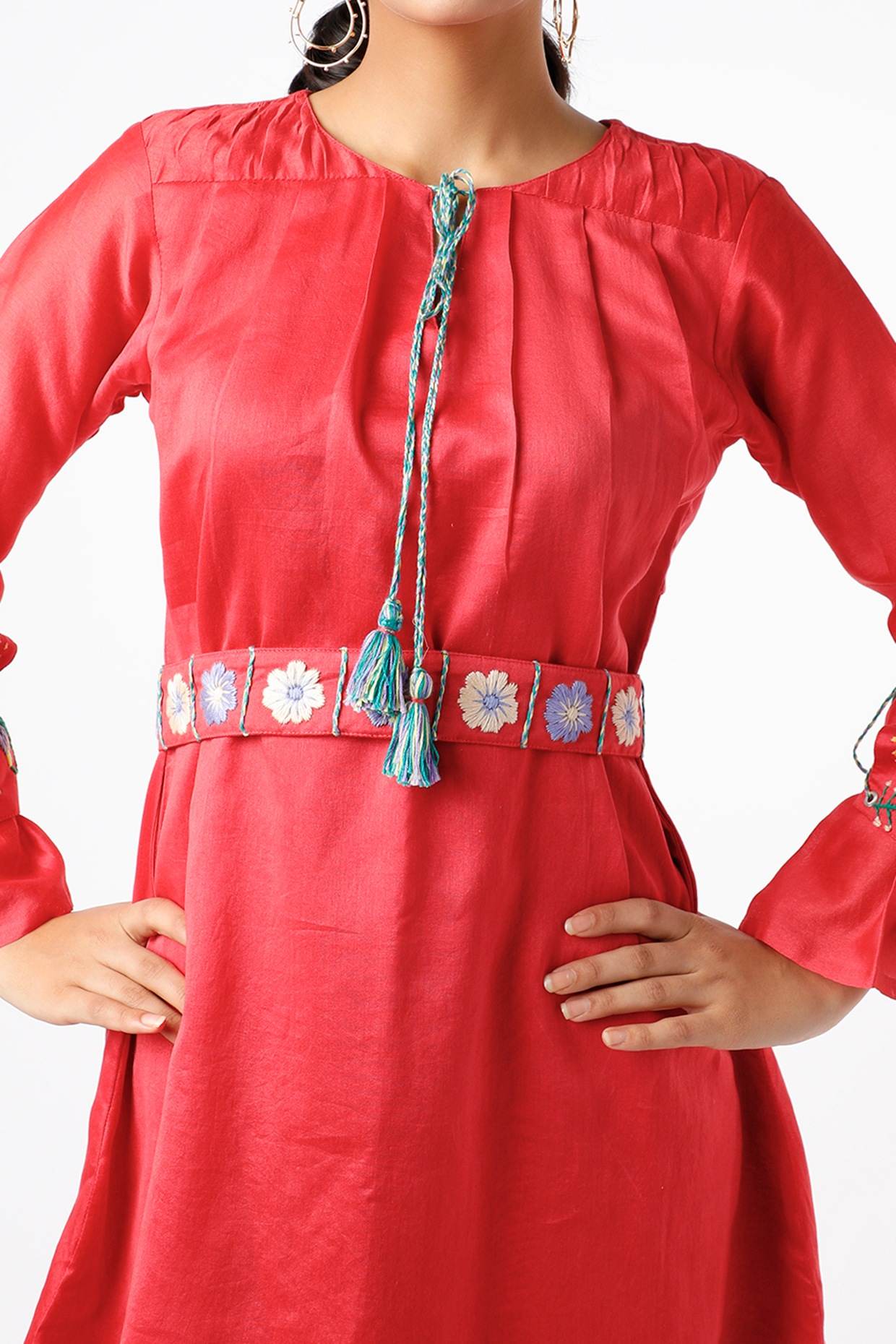 Red Layered Dress With Belt