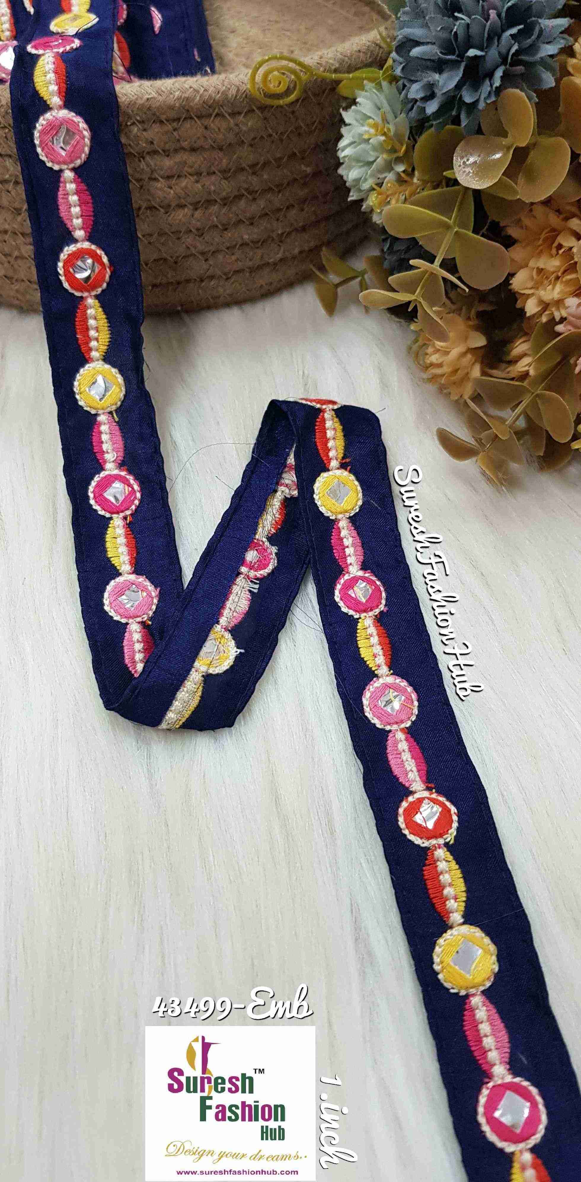 Abla Mirror Gleam Navy Blue Embroidered Trim
