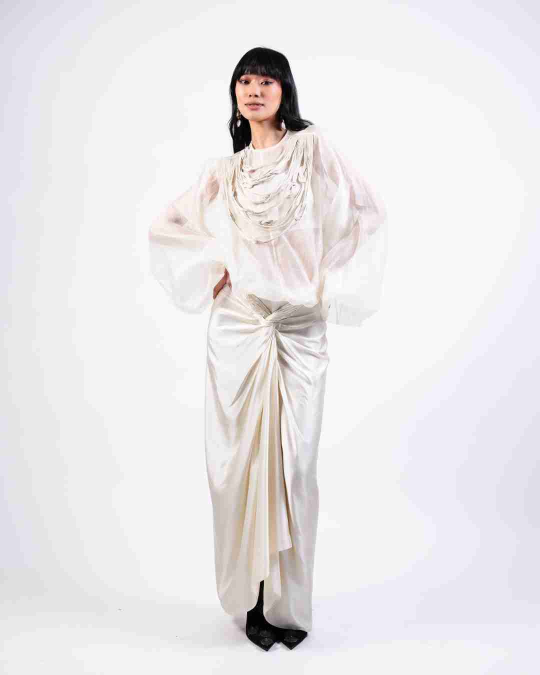AKOK White Silk Baloon Top with Knotted skirt & Crop top Co-ords