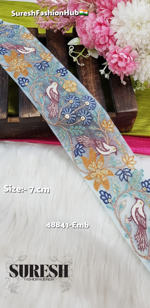 Sea Green Twin Bird Floral Embroidery Lace – 48841-Emb