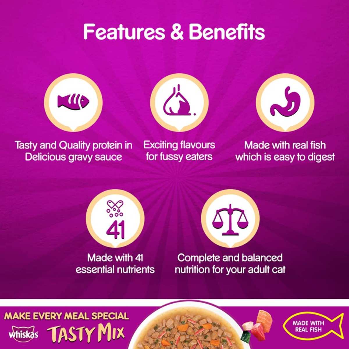 Whiskas Tasty Mix Seafood Cocktail Wakame Seaweed Gravy Wet Cat Food, 70g