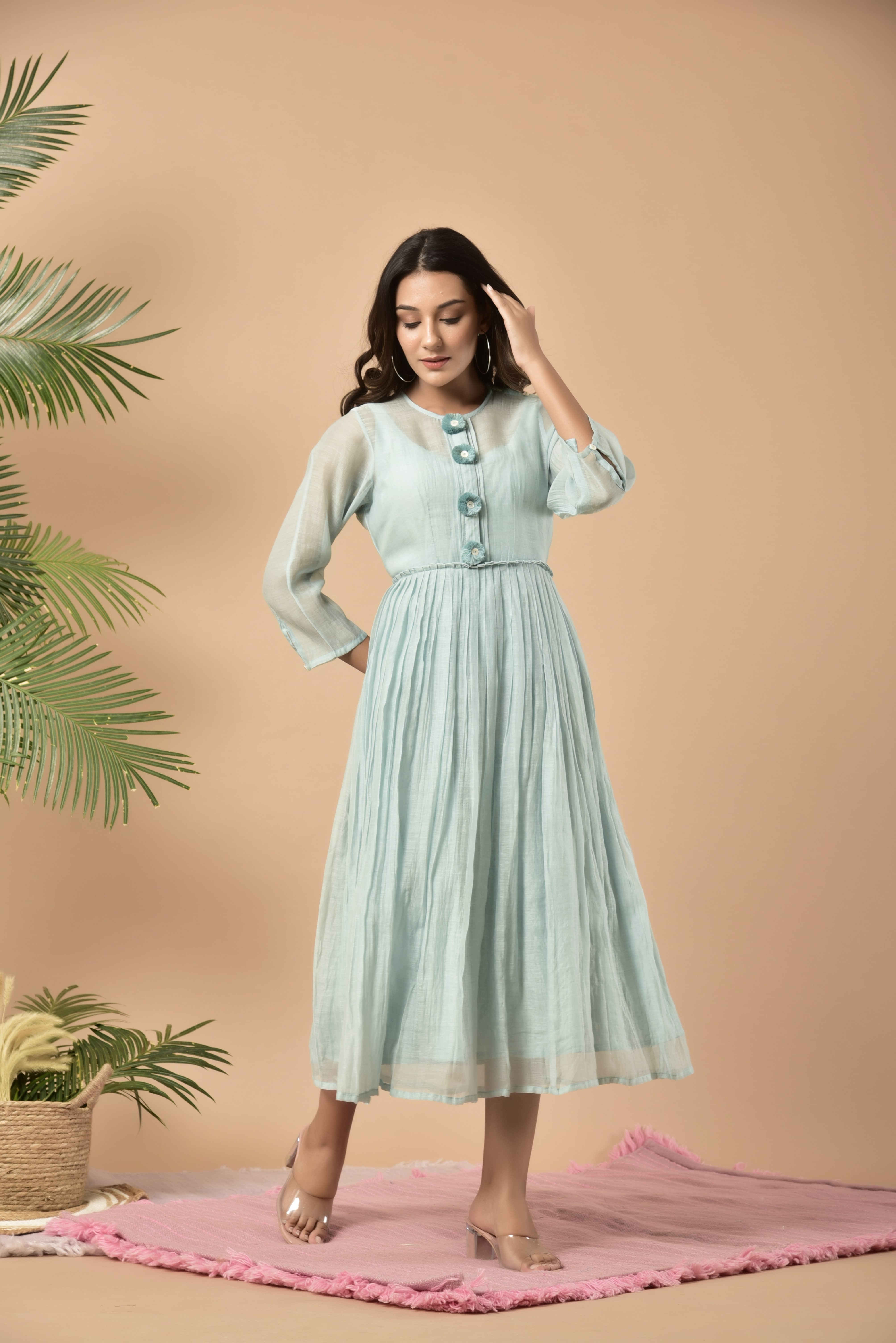 KAARAH BY KAAVYA | Blue chanderi dress with thread tassels on the yoke with the inner undefined