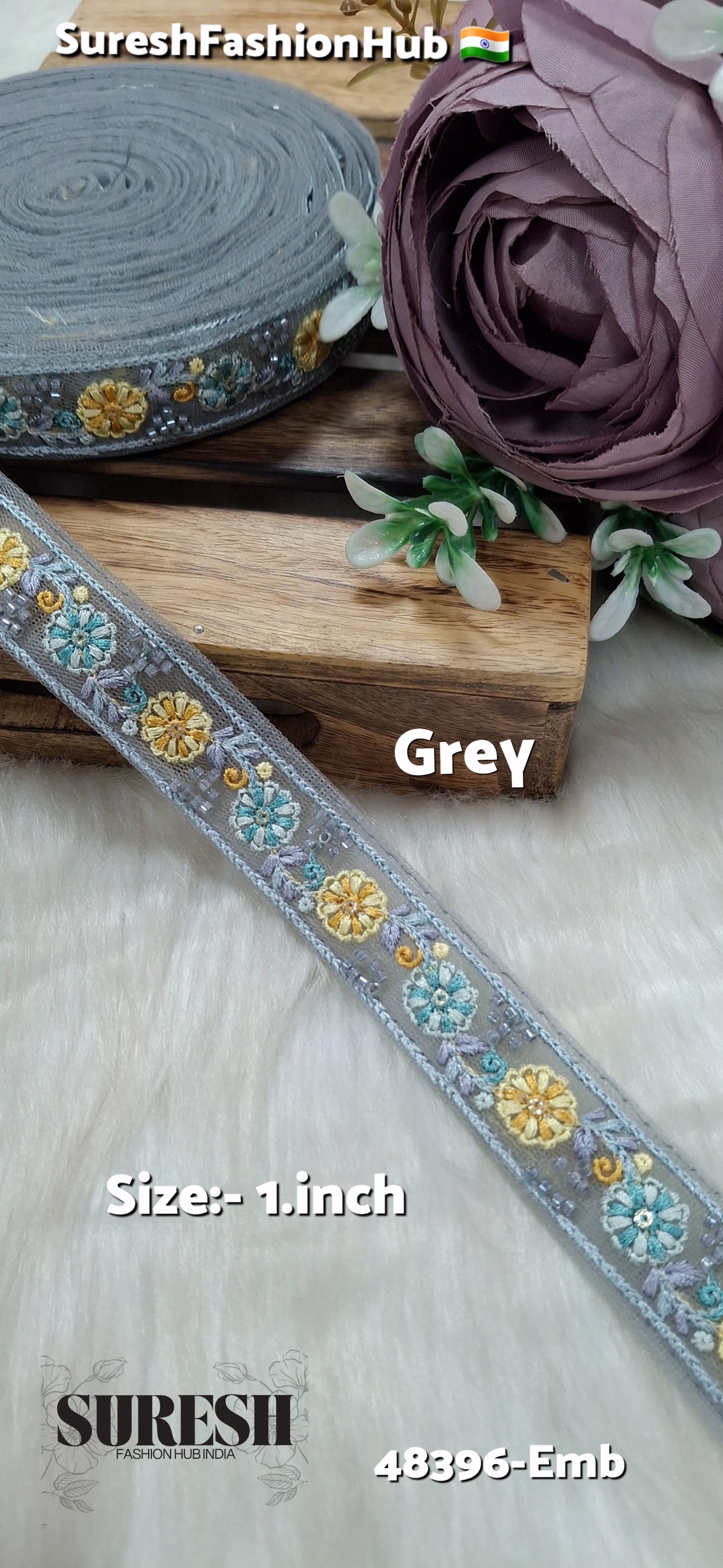 Grey Multicolor Thread Bead Embroidery Lace