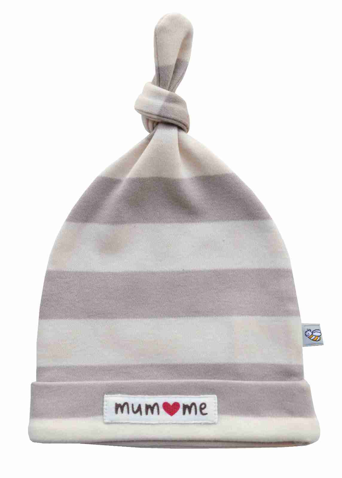 Cream/ Brown striped Mum & Me Beanie cap with Knot (100% Cotton Interlock)