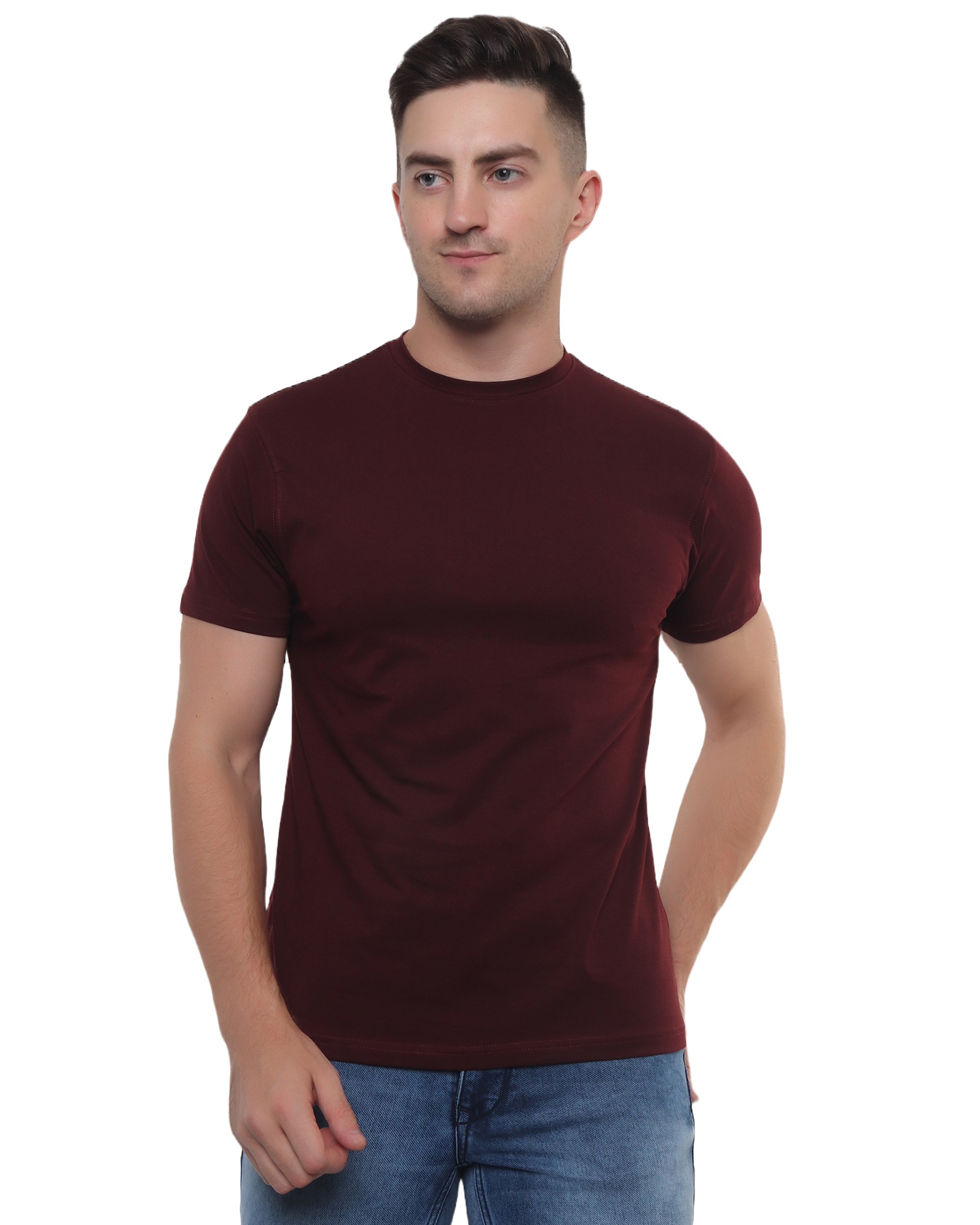 Wine Cotton Lycra Round Neck T Shirt