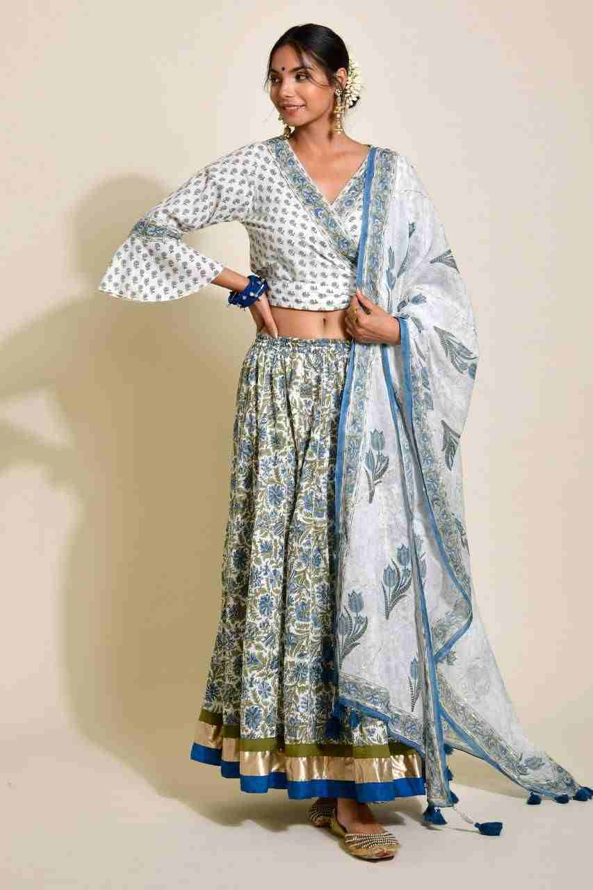 Naksh White and Blue Cotton Skirt, Top, Mulmul Dupatta (Set ot 3)
