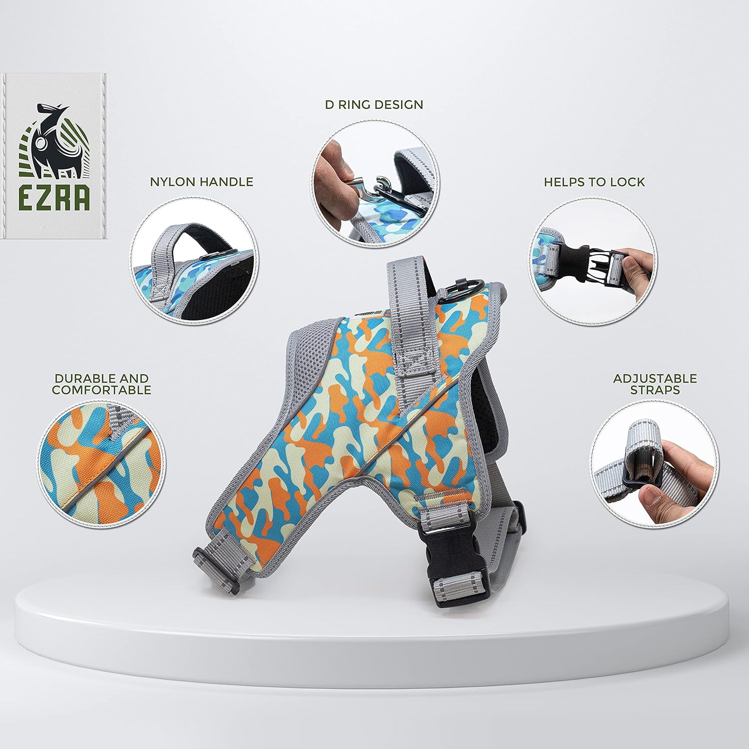 Ezra Camo Hart Padded Harness for Dogs, Orange