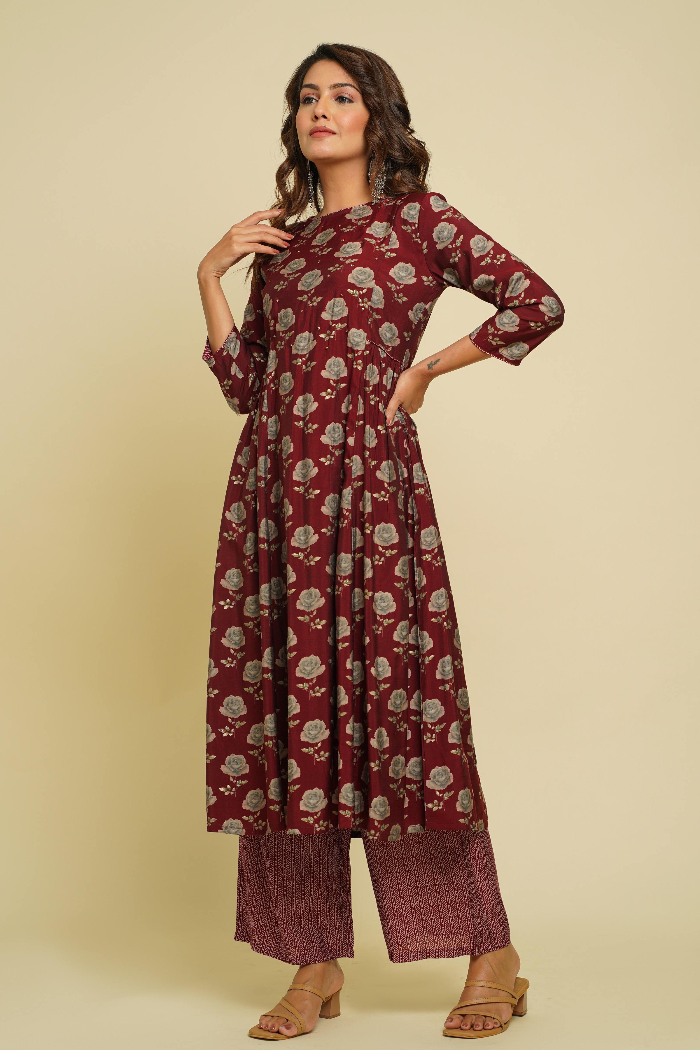 MAROON PRINTED ROUND NECK KURTA WITH PANT