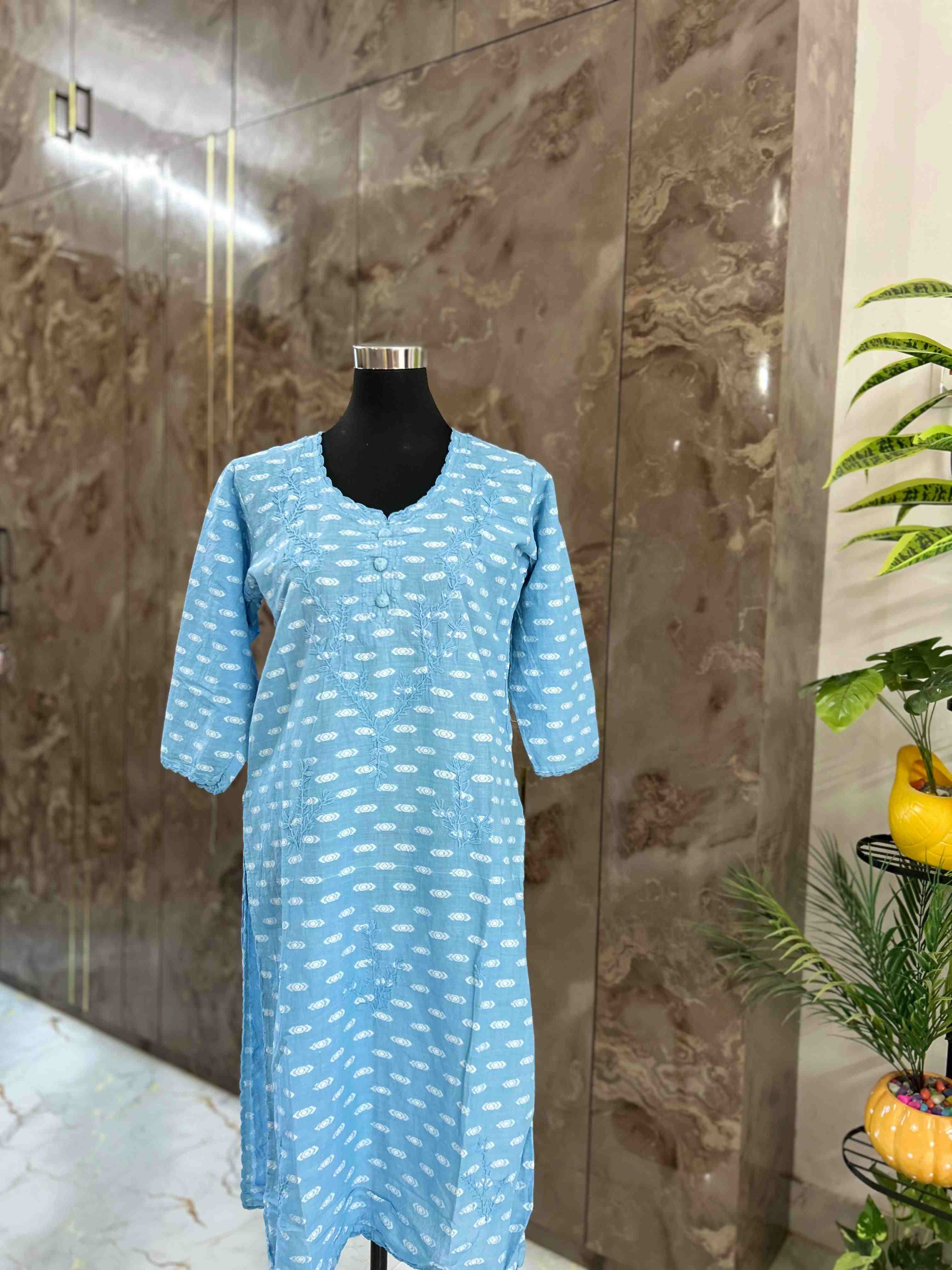 Sky Blue Lucknowi chickenkari cotton  kurta
