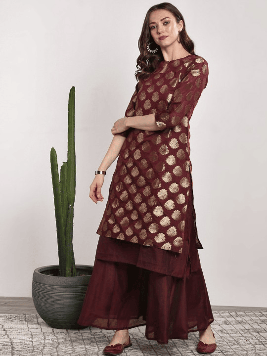 Women Burgundy Woven Design Kurta with Palazzos