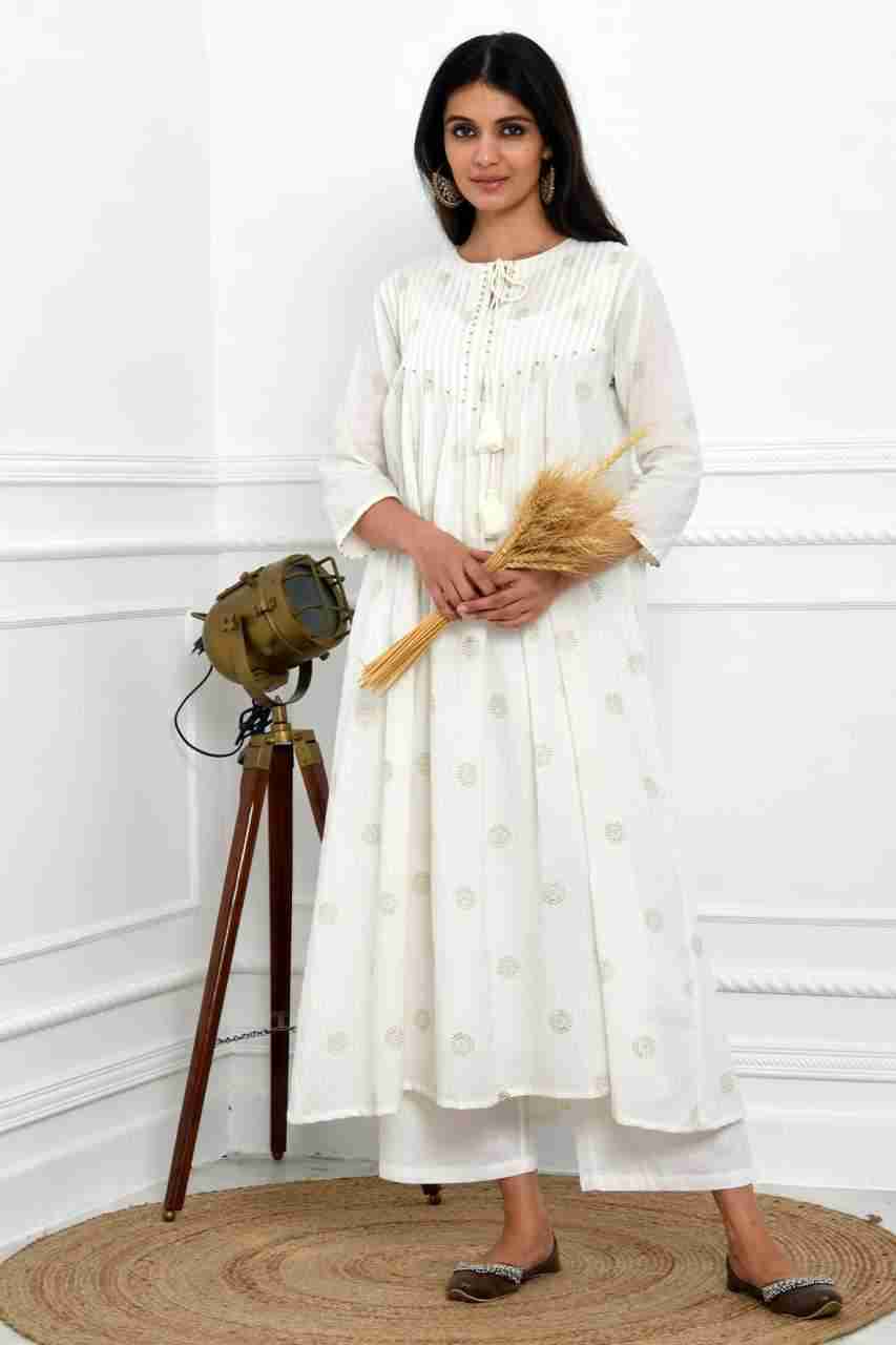 Naksh White Gold Printed Pleated Kurta And Solid Pants (Set of 2)