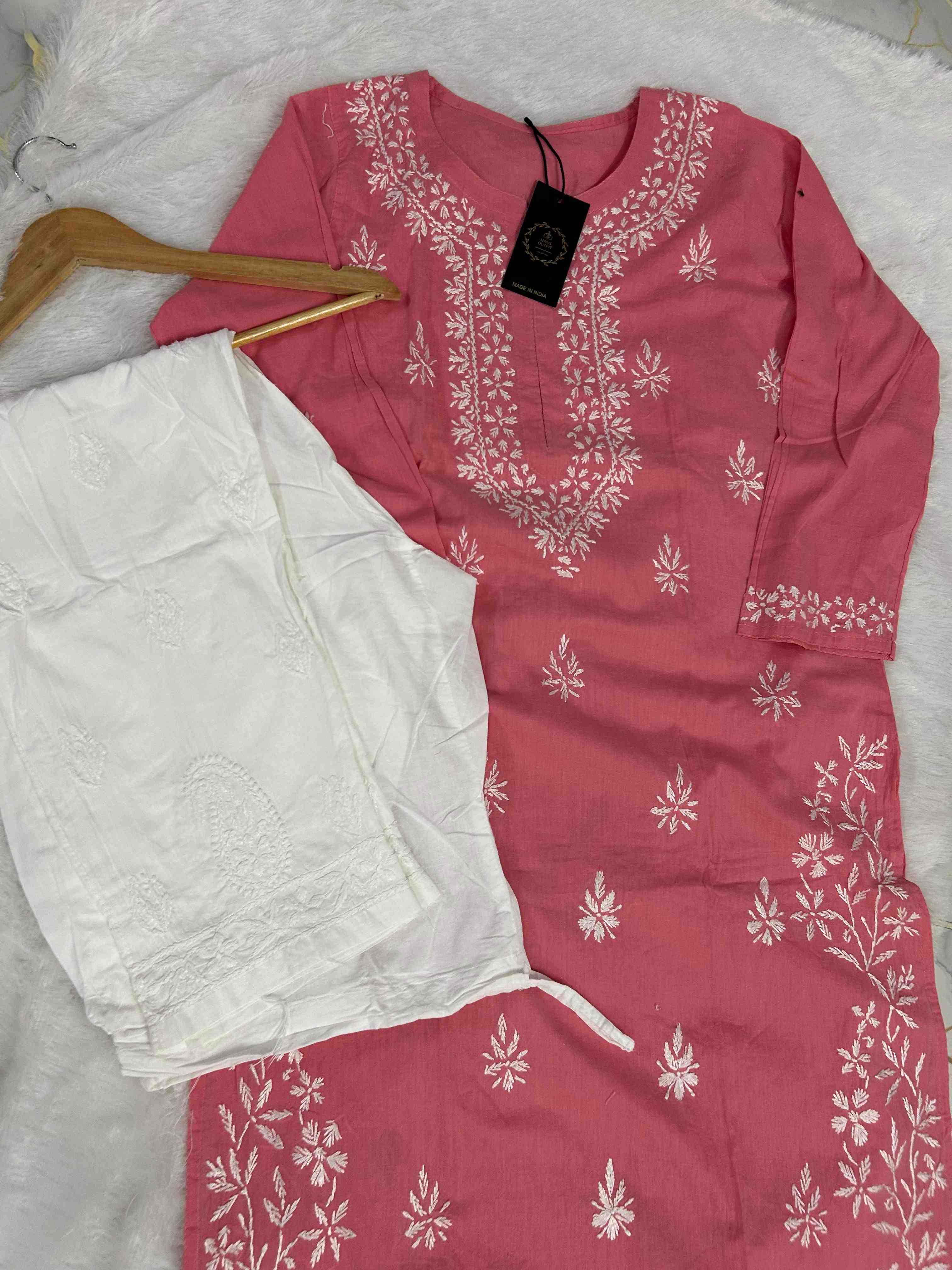 Pink chicken Kari cotton kurta with white chickenkari pant