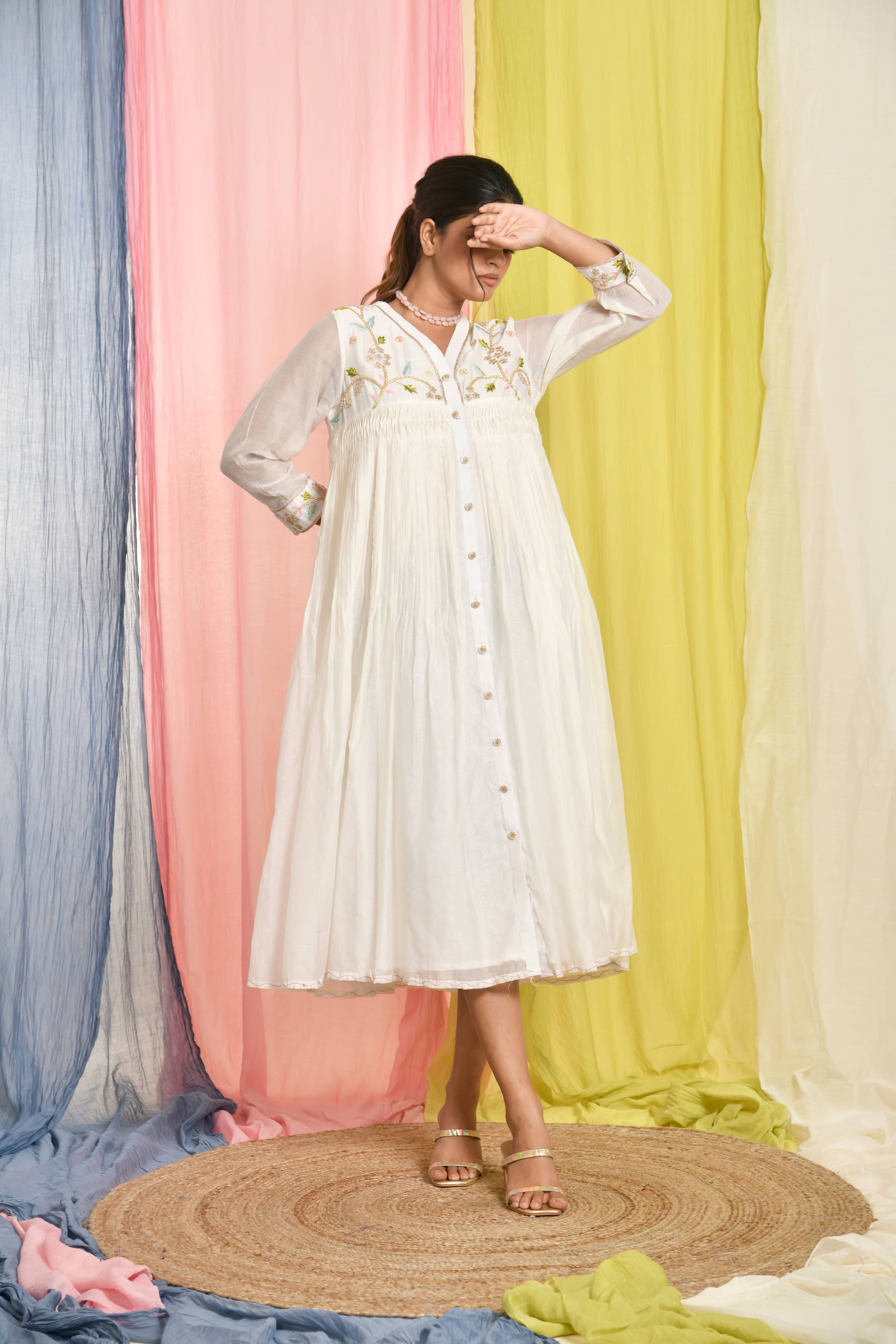 KAARAH BY KAAVYA | White Pleated Dress With Short Yoke undefined