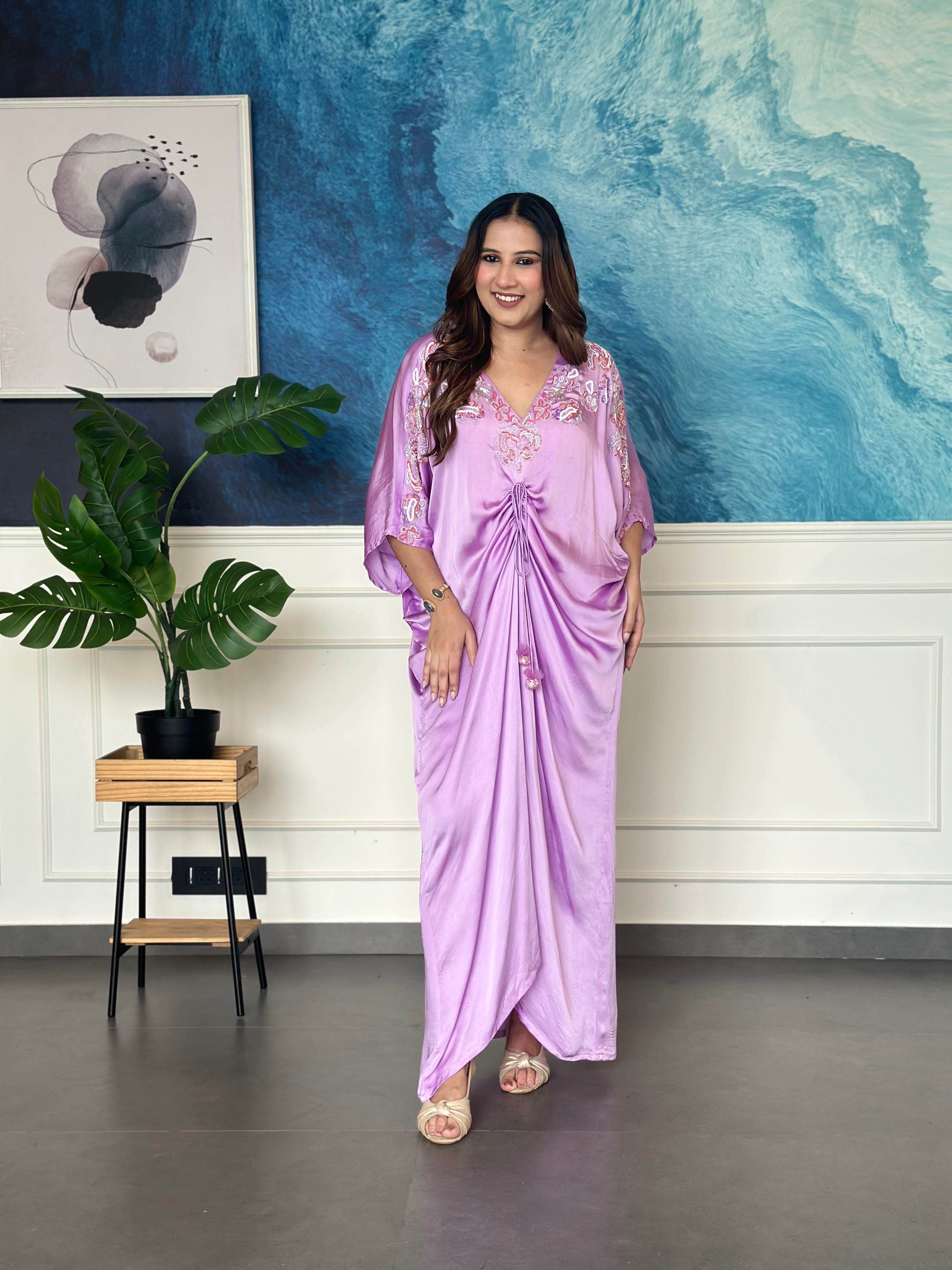 Lavender Embroidered Kaftan Dress