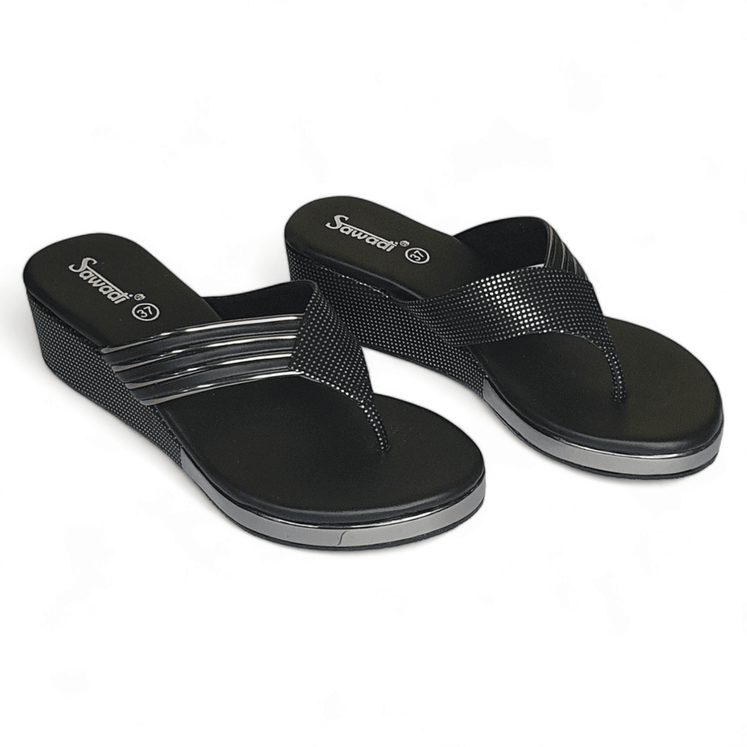 Elegant Black Wedge Heel Sandals for Women | Comfortable Slip-On Party Footwear
