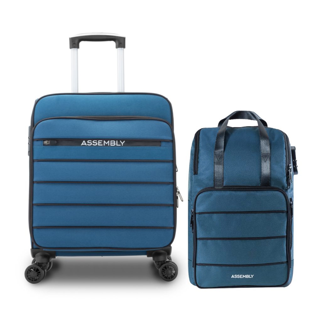 Combo: Cabin Luggage Trolley Bag and Laptop Backpack | USB Charging Port | Blue
