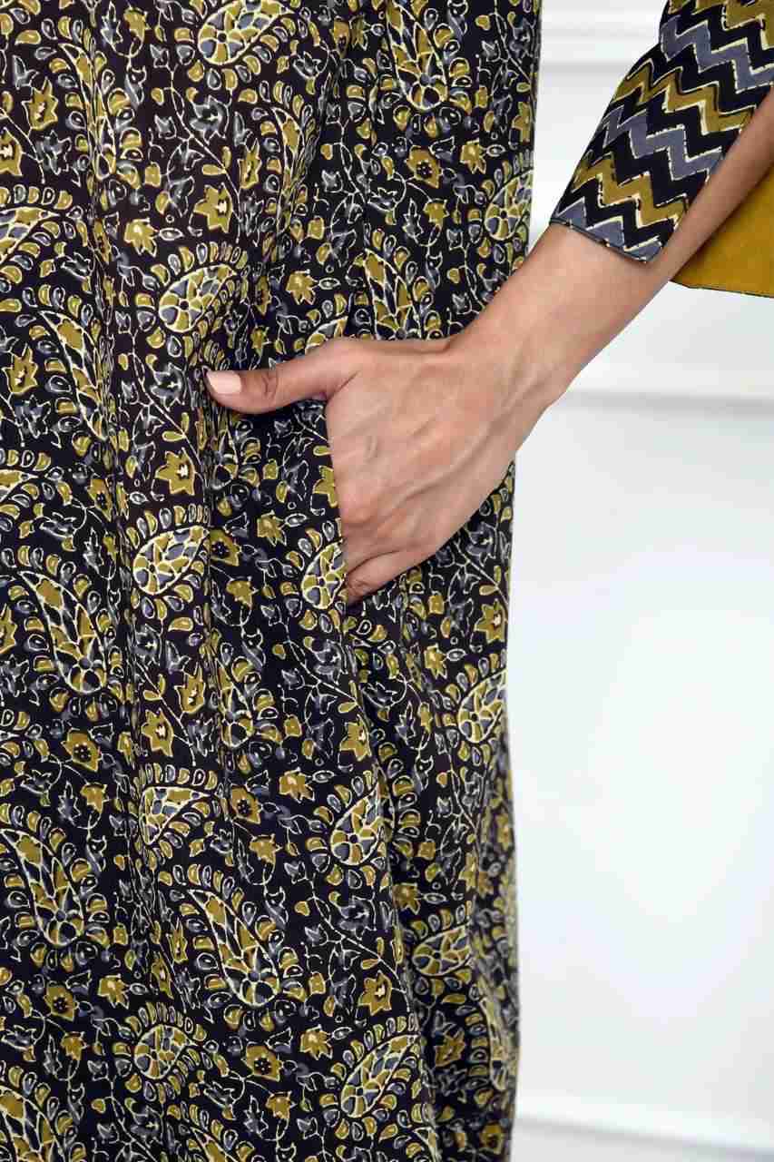 Naksh Brown and Yellow Ajrakh Print A-Line Kurta