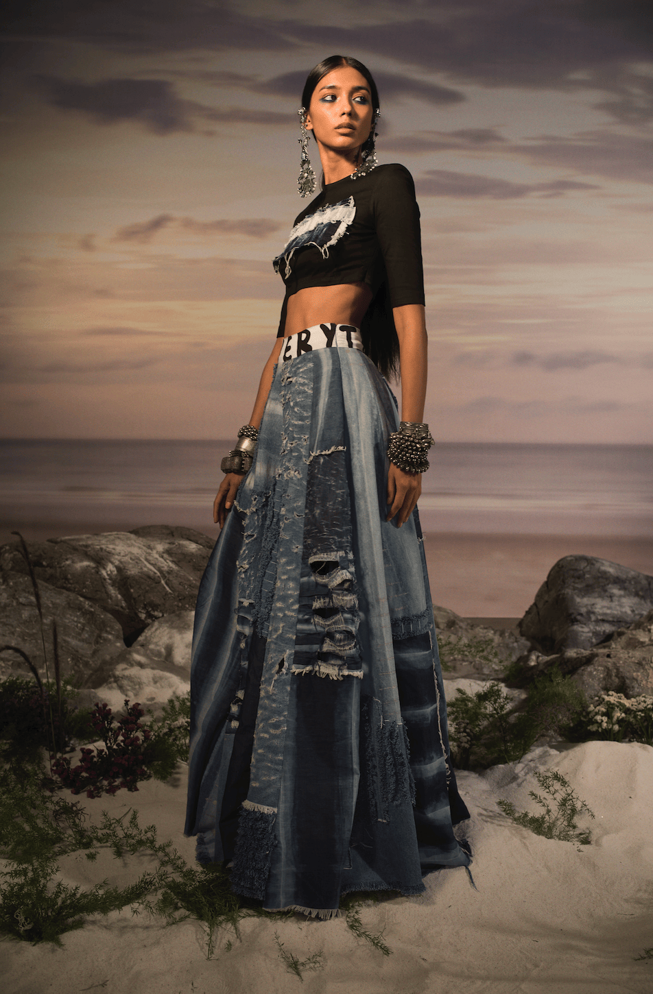 CROP TOP WITH RIPPED DENIM LEHENGA