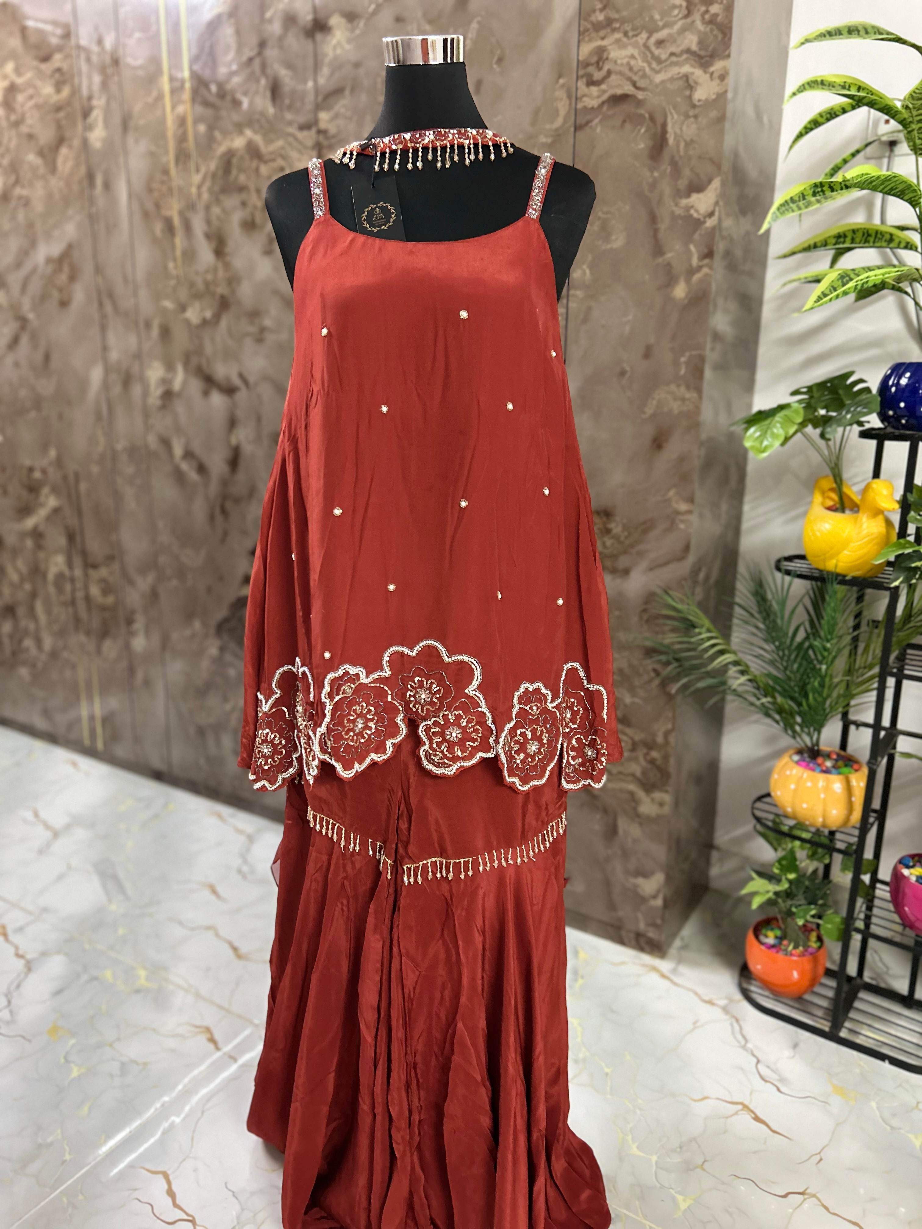 Rust red sharara set with floral embroidery for Women & pearl detailing – perfect for weddings, festivals & parties