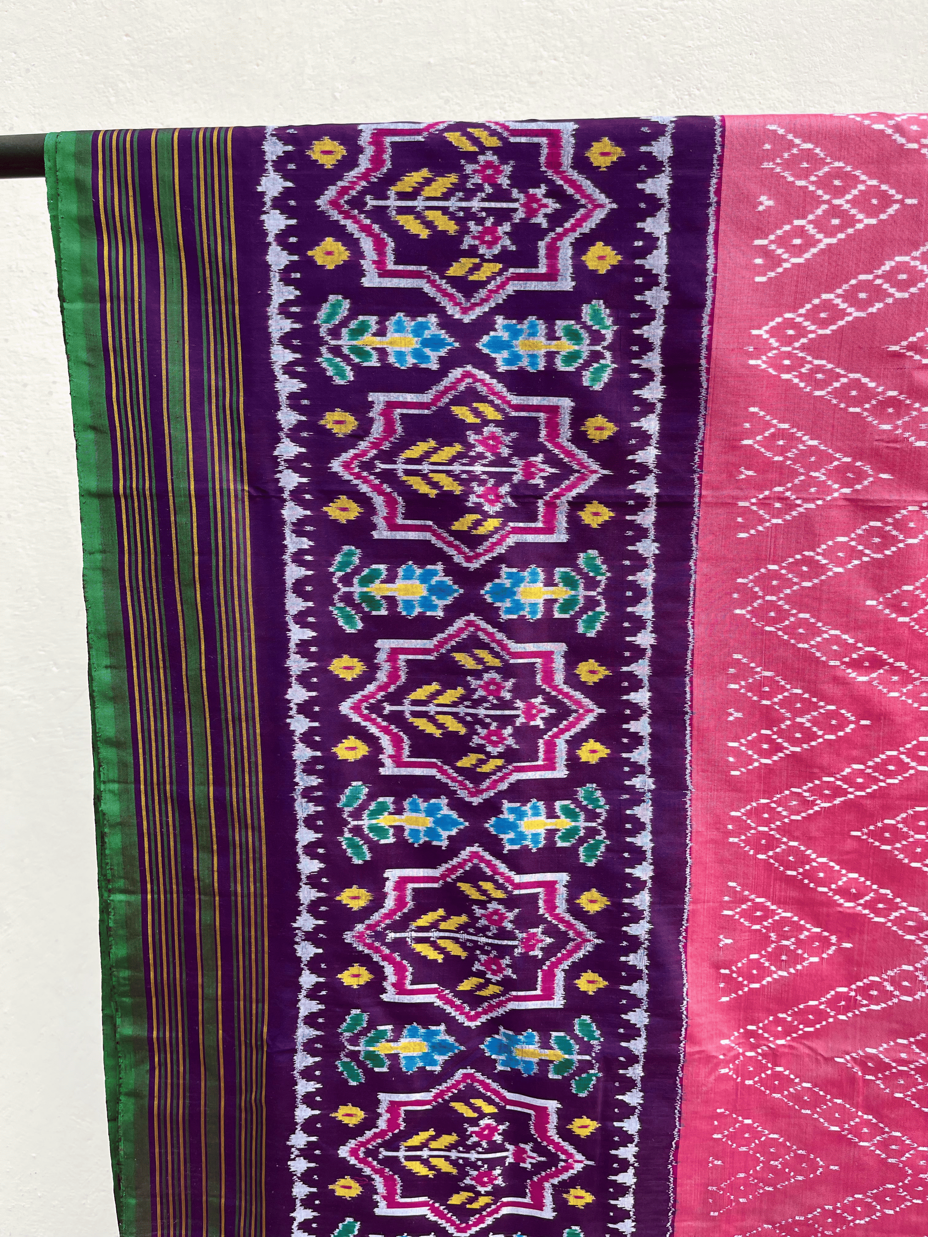 Silk Peach Ikatwith Multi Lines Border Saree