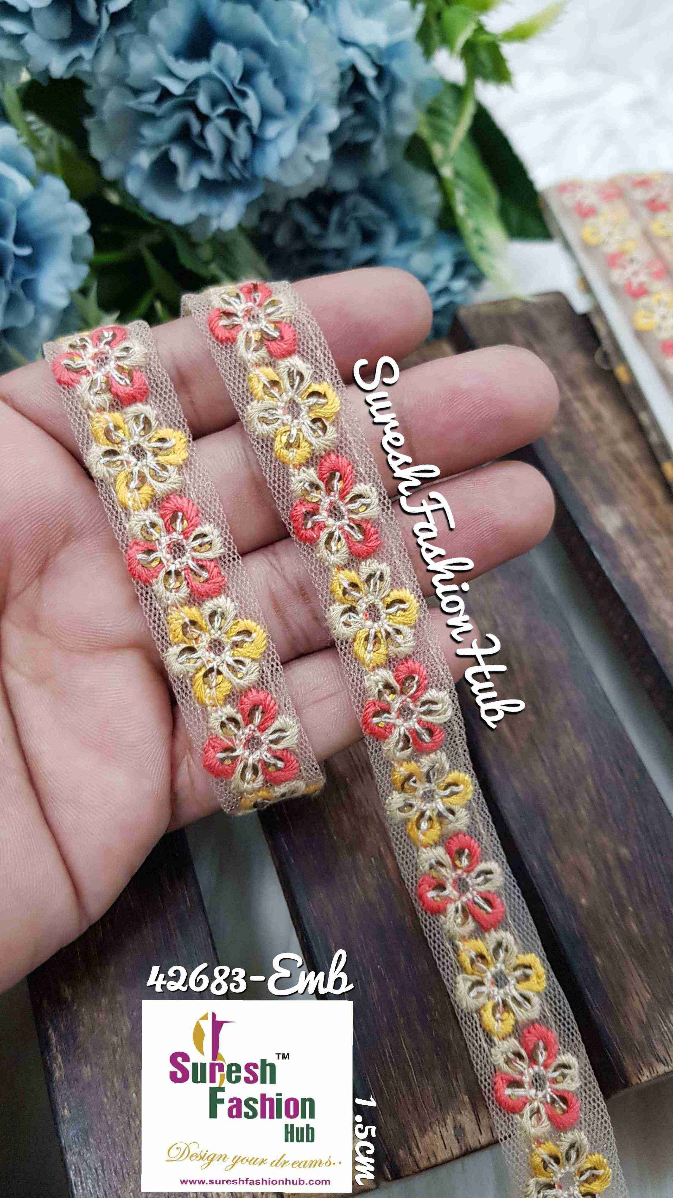 Colorful Threaded Flowerbed  On Net Embroidered  Trims