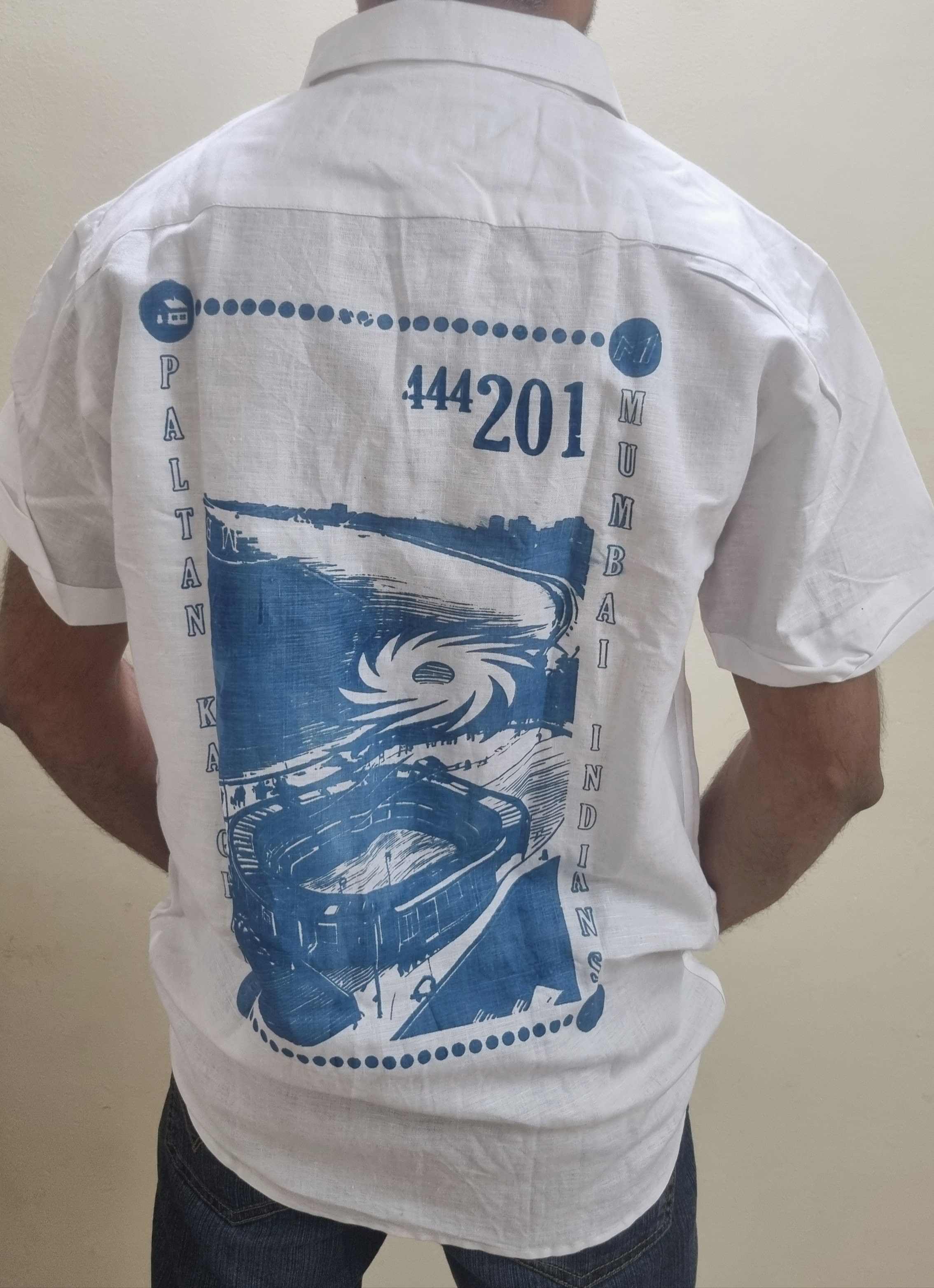 MI: Men White Back Printed Hemp Half Sleeves Shirt