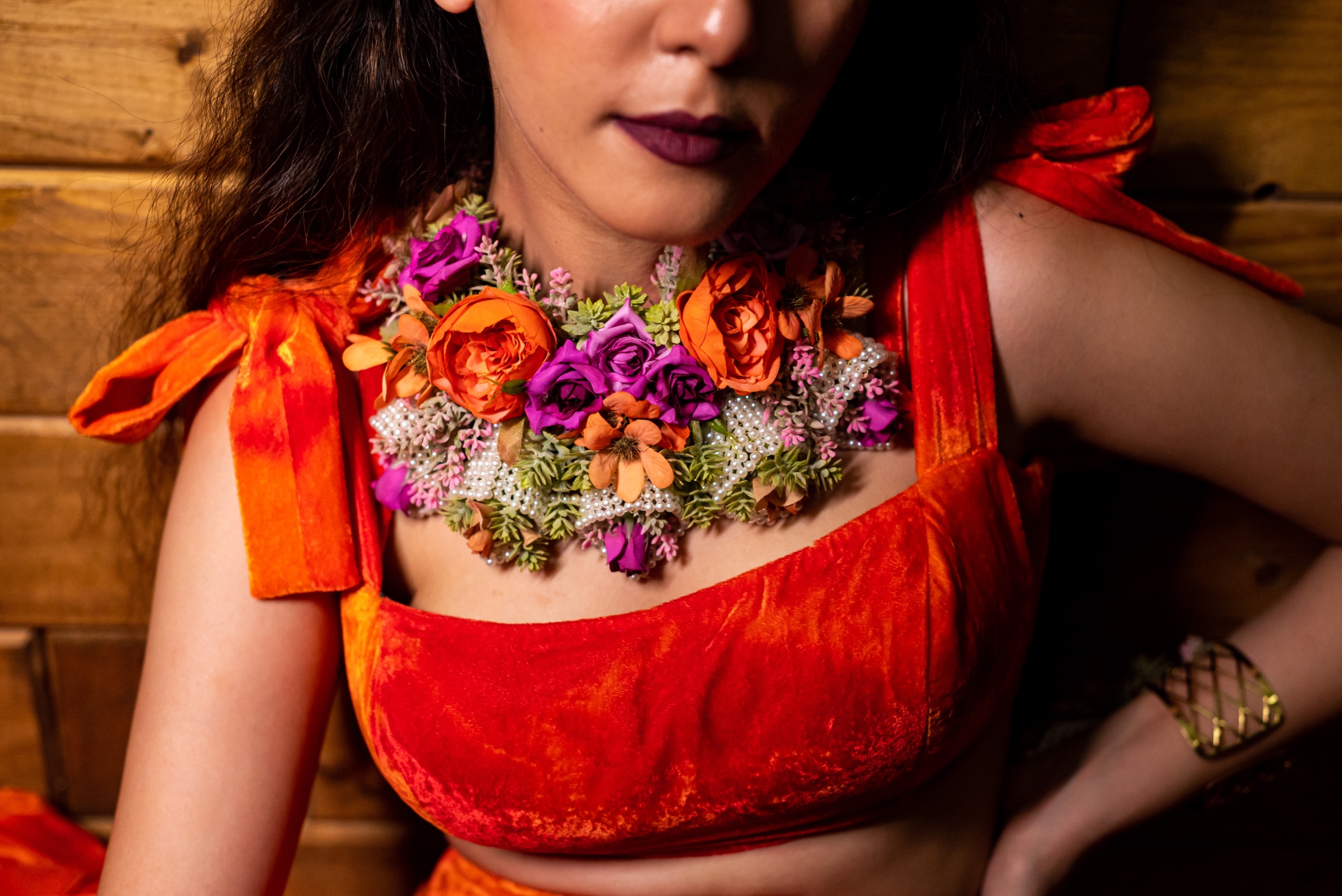 Floral art | Orange & Purple  Floral Pearl Work Necklace For Women undefined