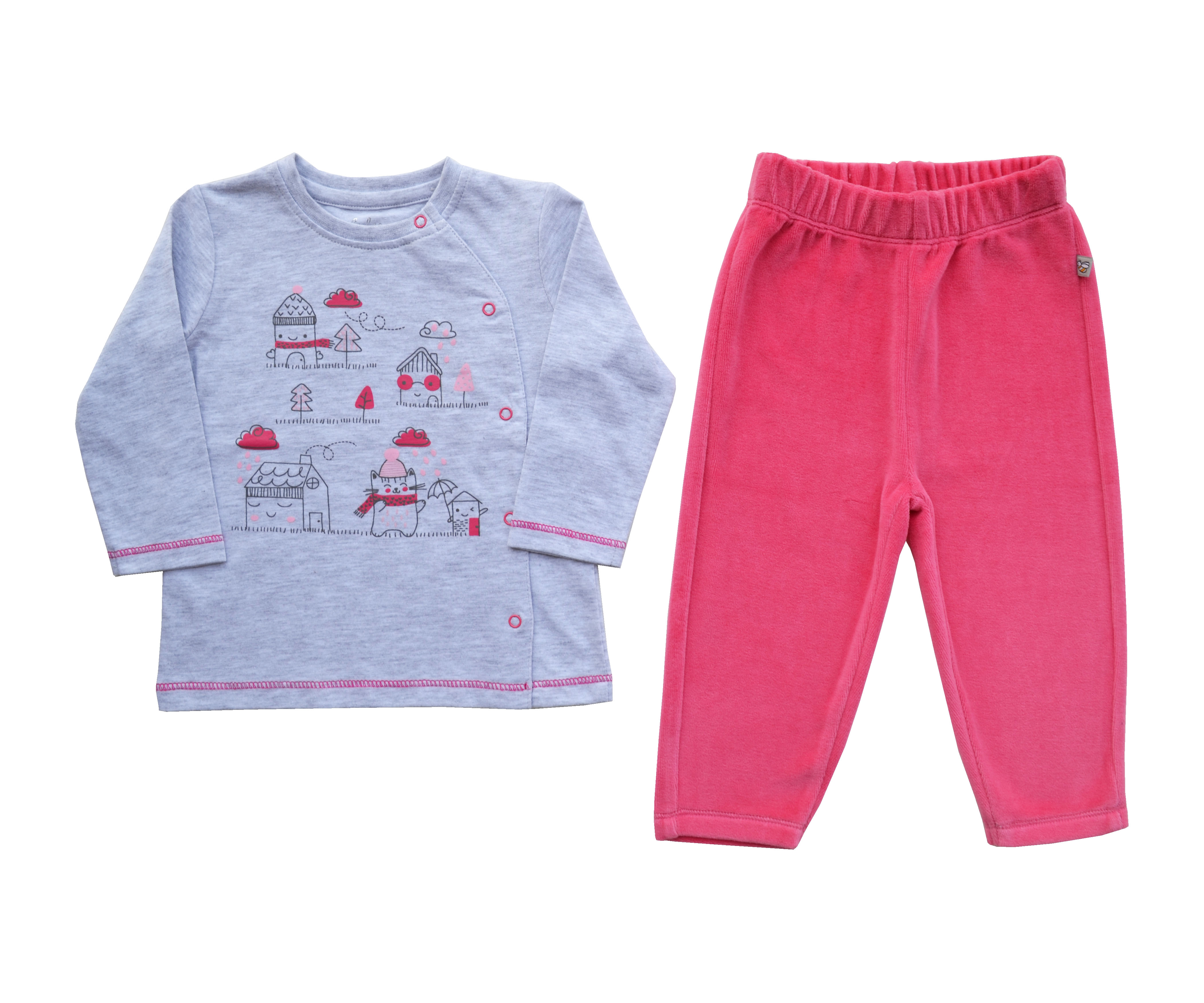 Grey Melange House Print Full Sleeve Top + Pink Long Pant Set (Cotton Velour)