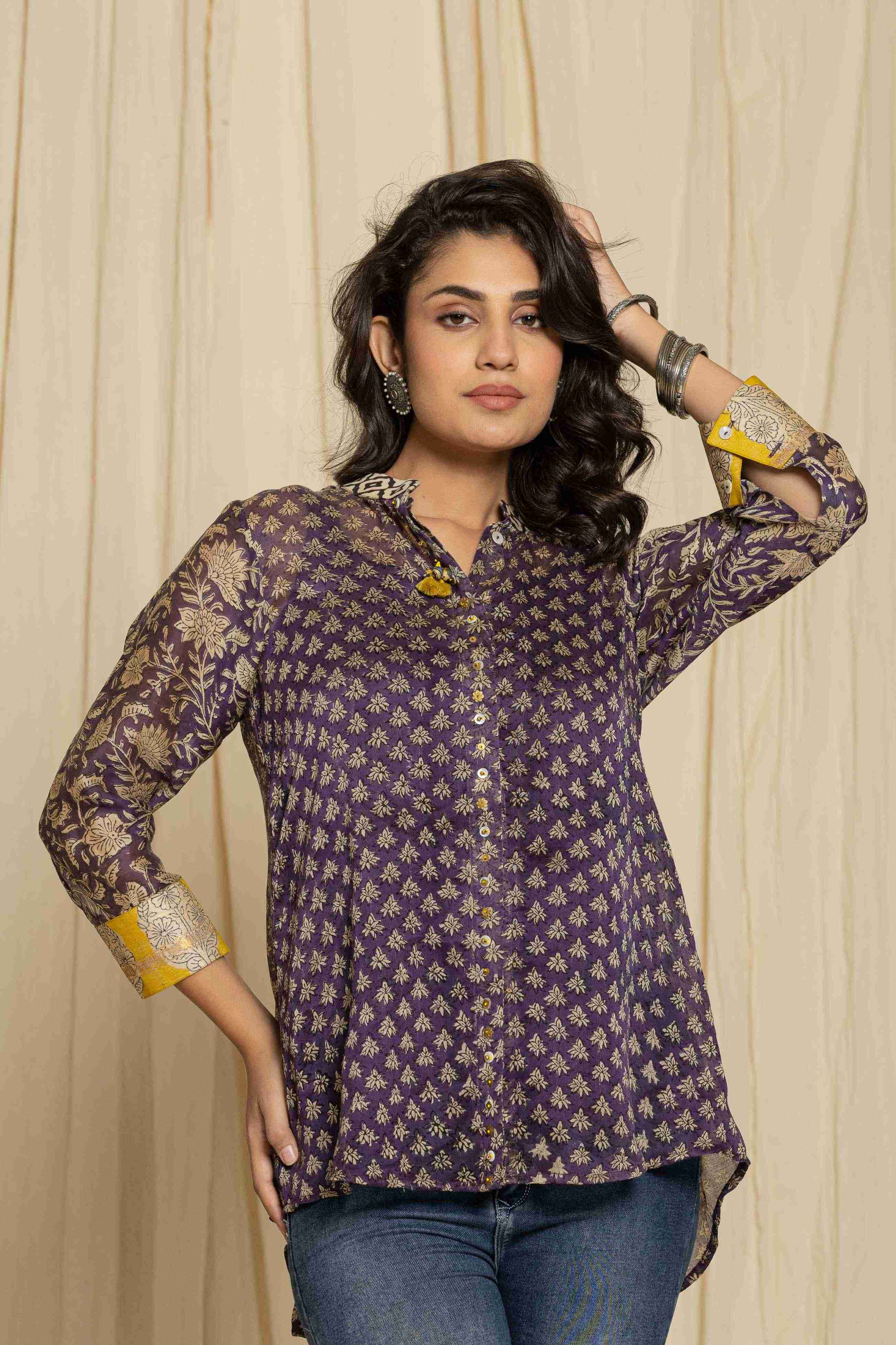 Block printed purple shirt