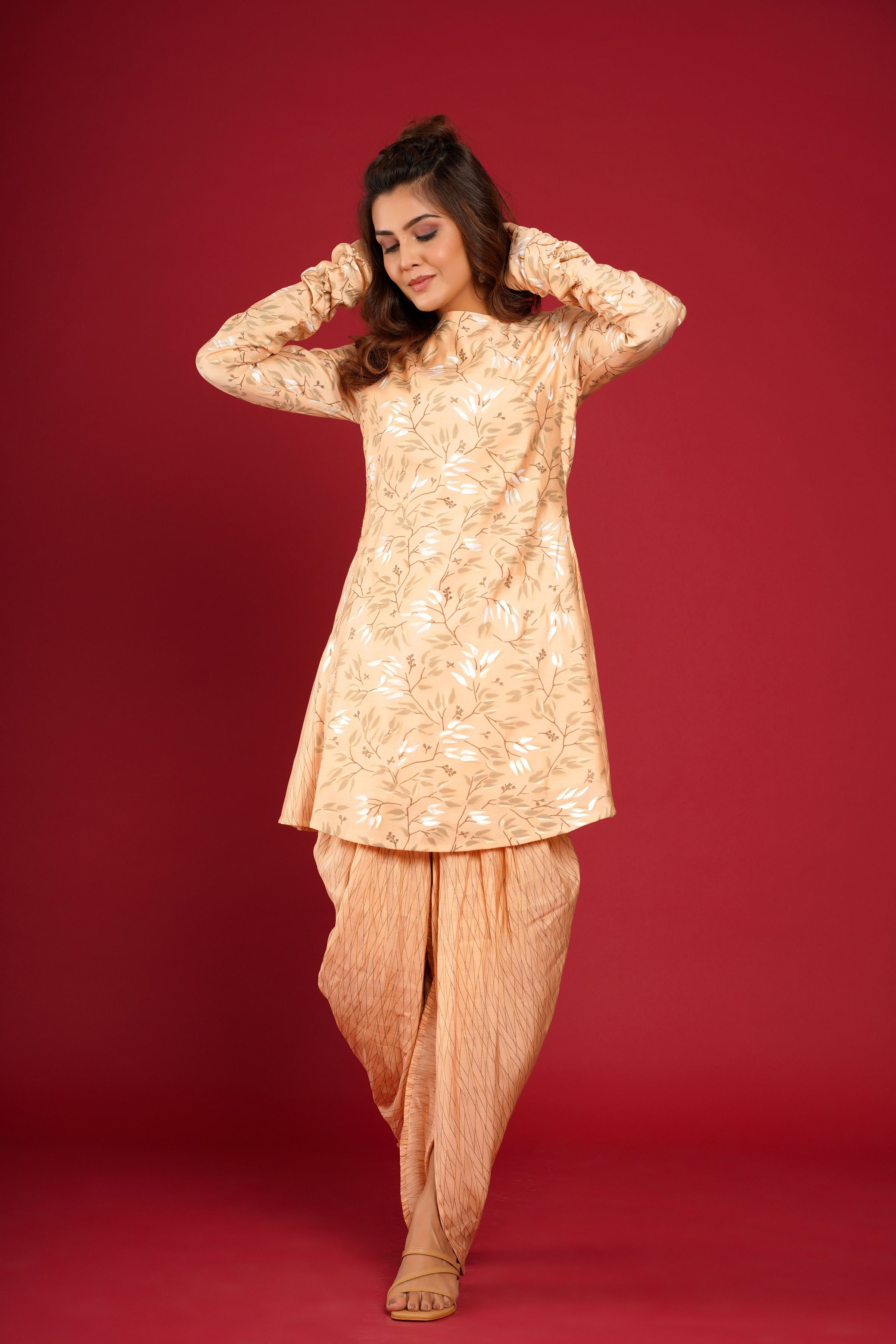 Peach Printed Kurta With Dhoti Pant