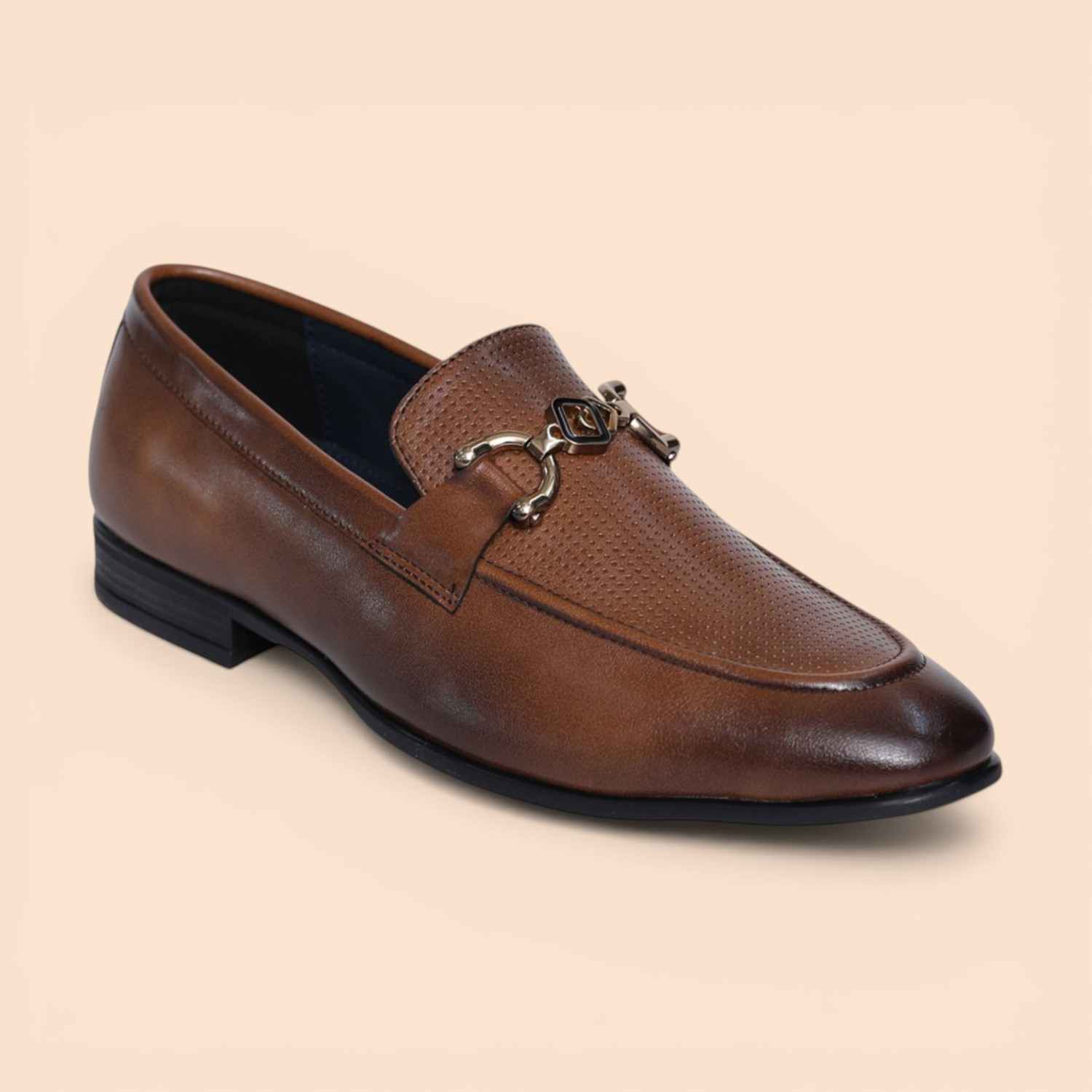 Men Tan Leather Horsebit Loafers with Perforated Vamp