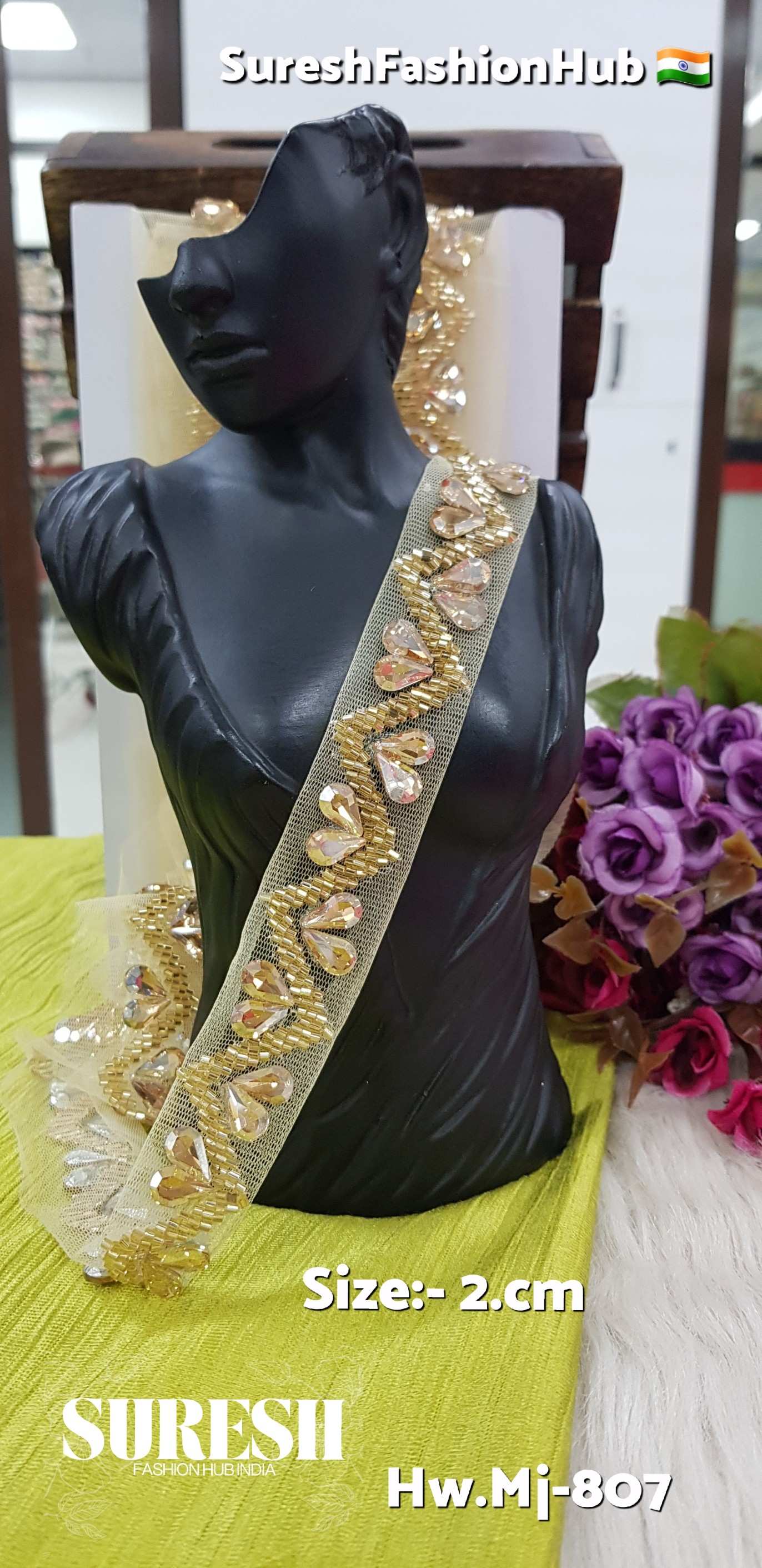 Antique Gold Rhinestone & Cutdhana Handmade Lace – Mj-807