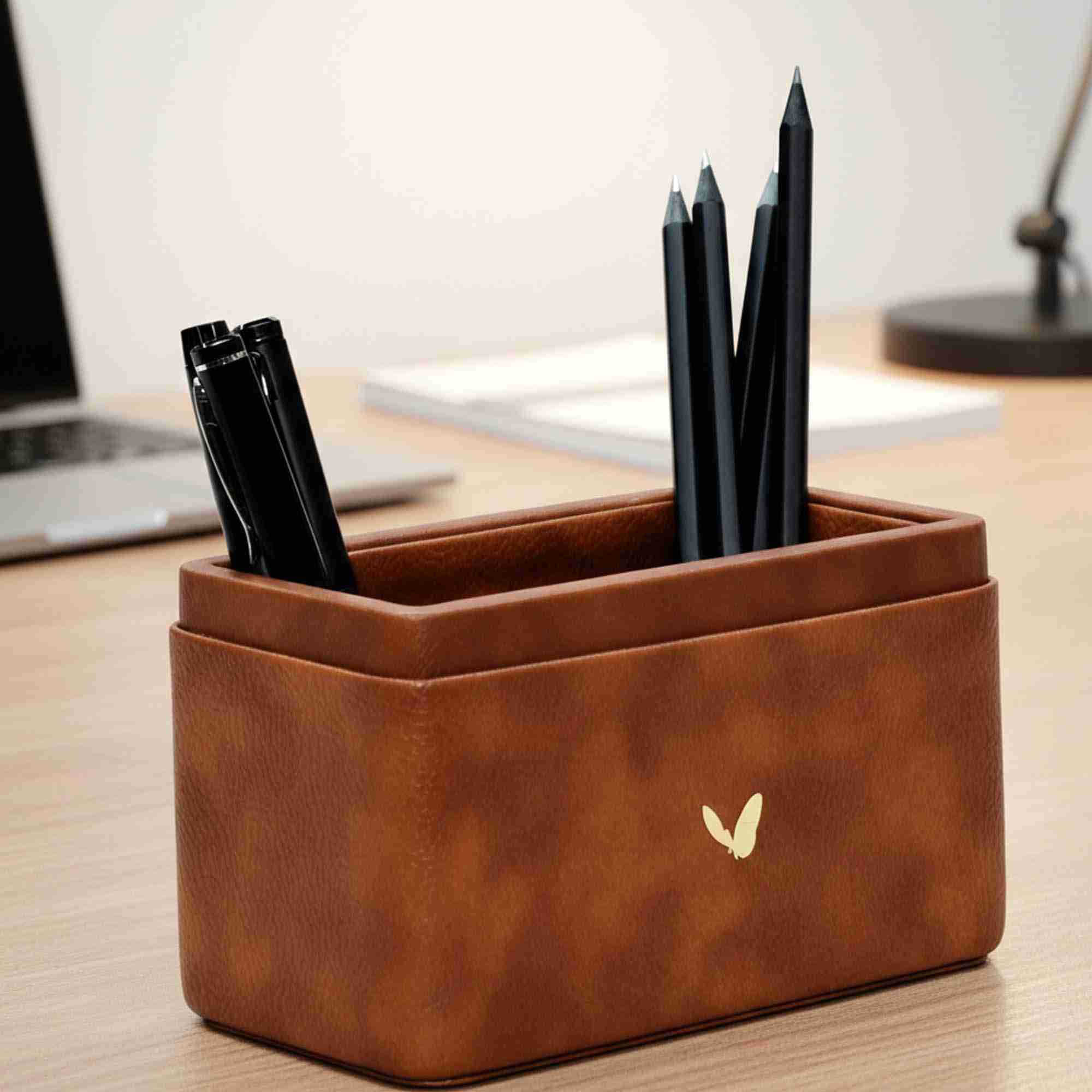 Pen/Pencil Holder | Faux Leather | Rectangular Medium | Classic | Tan