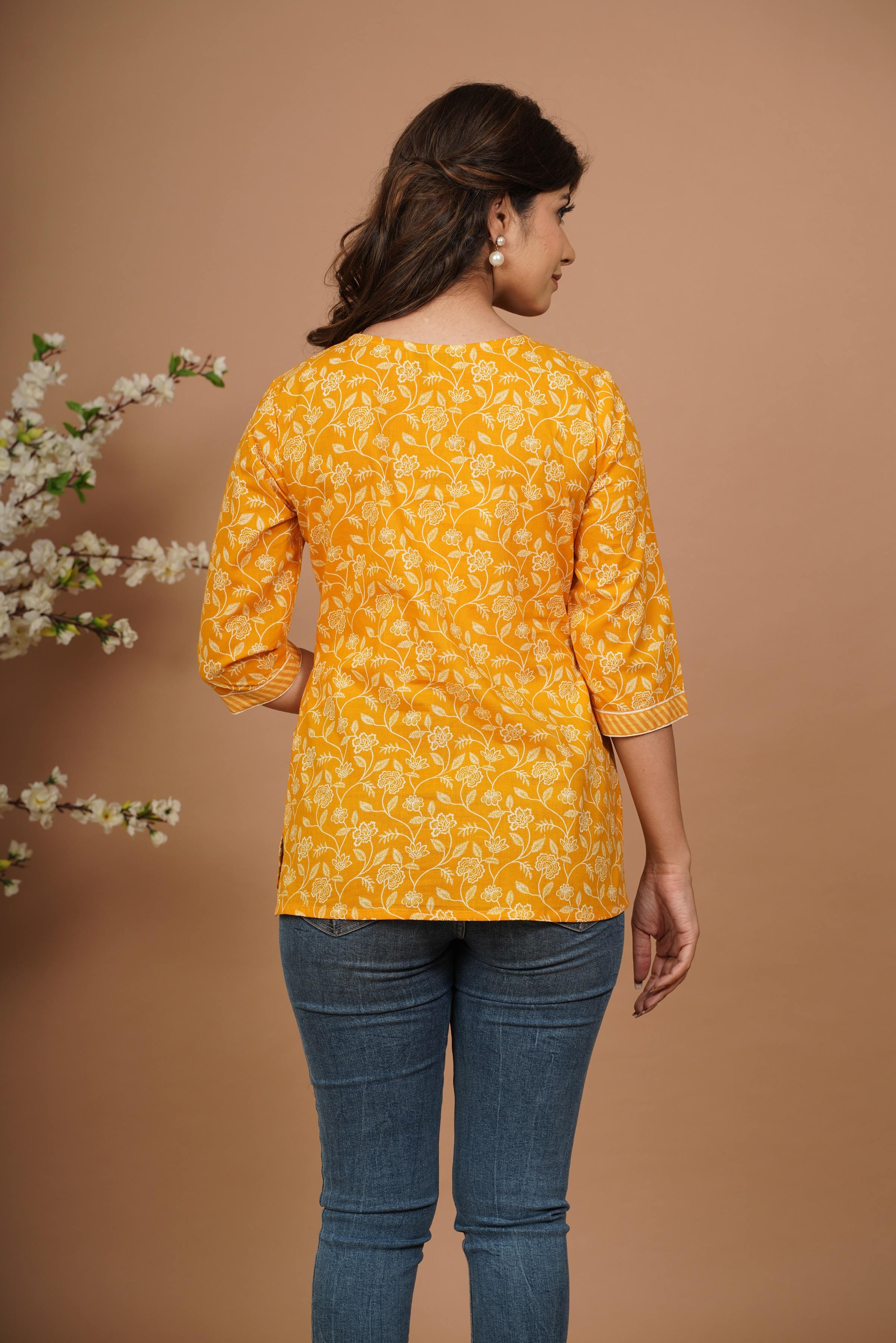 Yellow Printed Pure Cotton A-Line Kurti