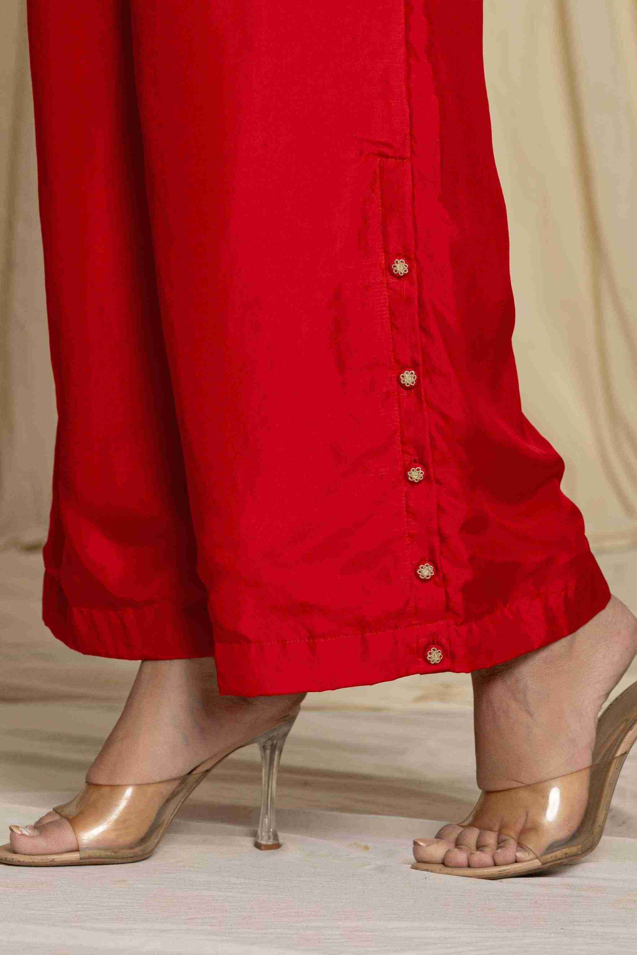 Red silk hand work co-ord set
