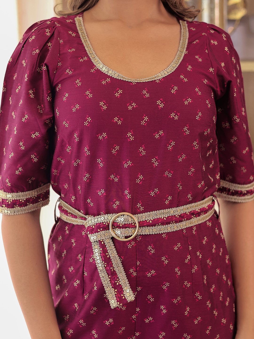 PURPLR PRINTED ROUND NECK JUMPSUIT WITH BELT
