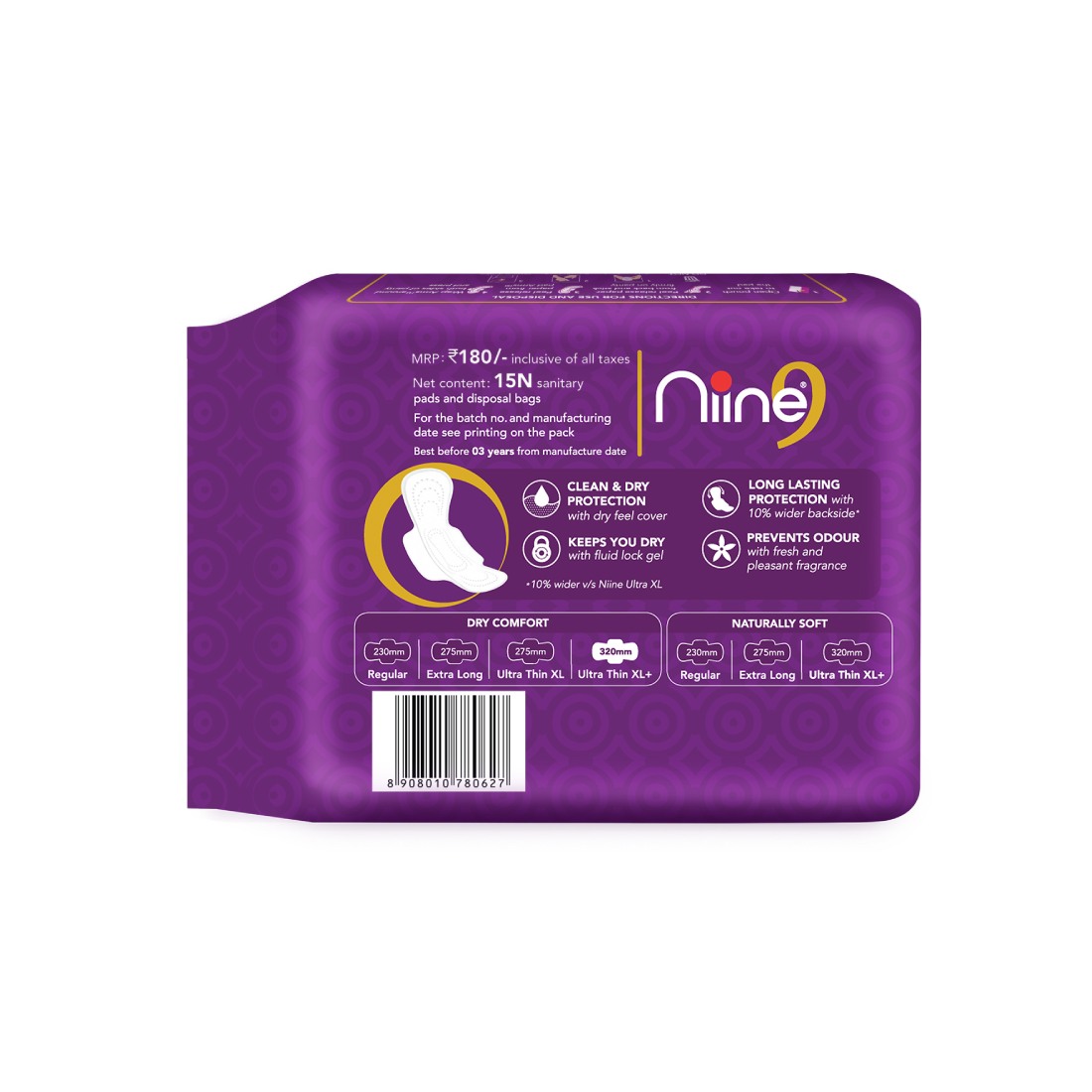 NIINE Dry Comfort Ultra Thin XL+ Sanitary Napkins for HEAVY FLOW, With Biodegradable disposable