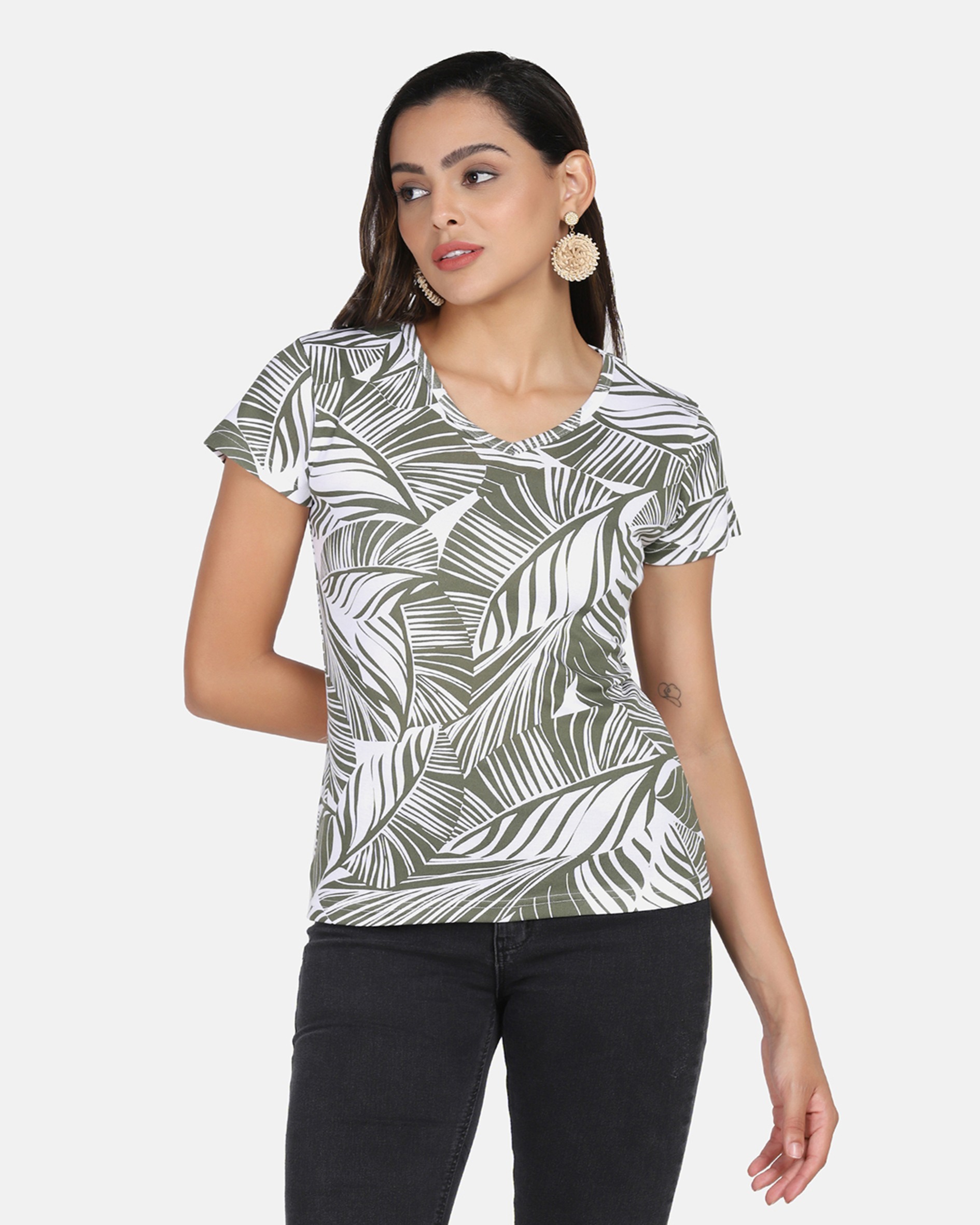 Olive Leaf Printed V Neck T Shirt 