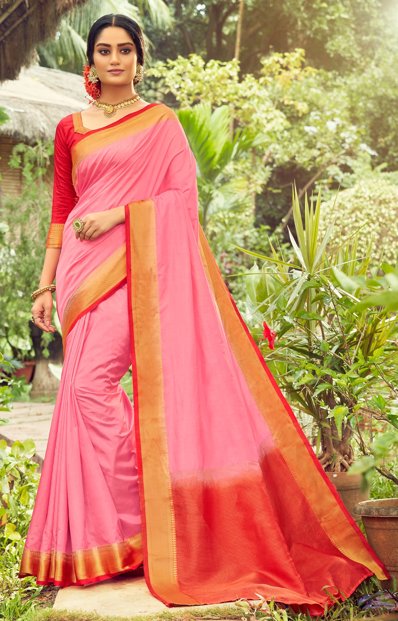 Buy Adivikat Red chiffon zari border saree with golden net designer blouse  at Amazon.in