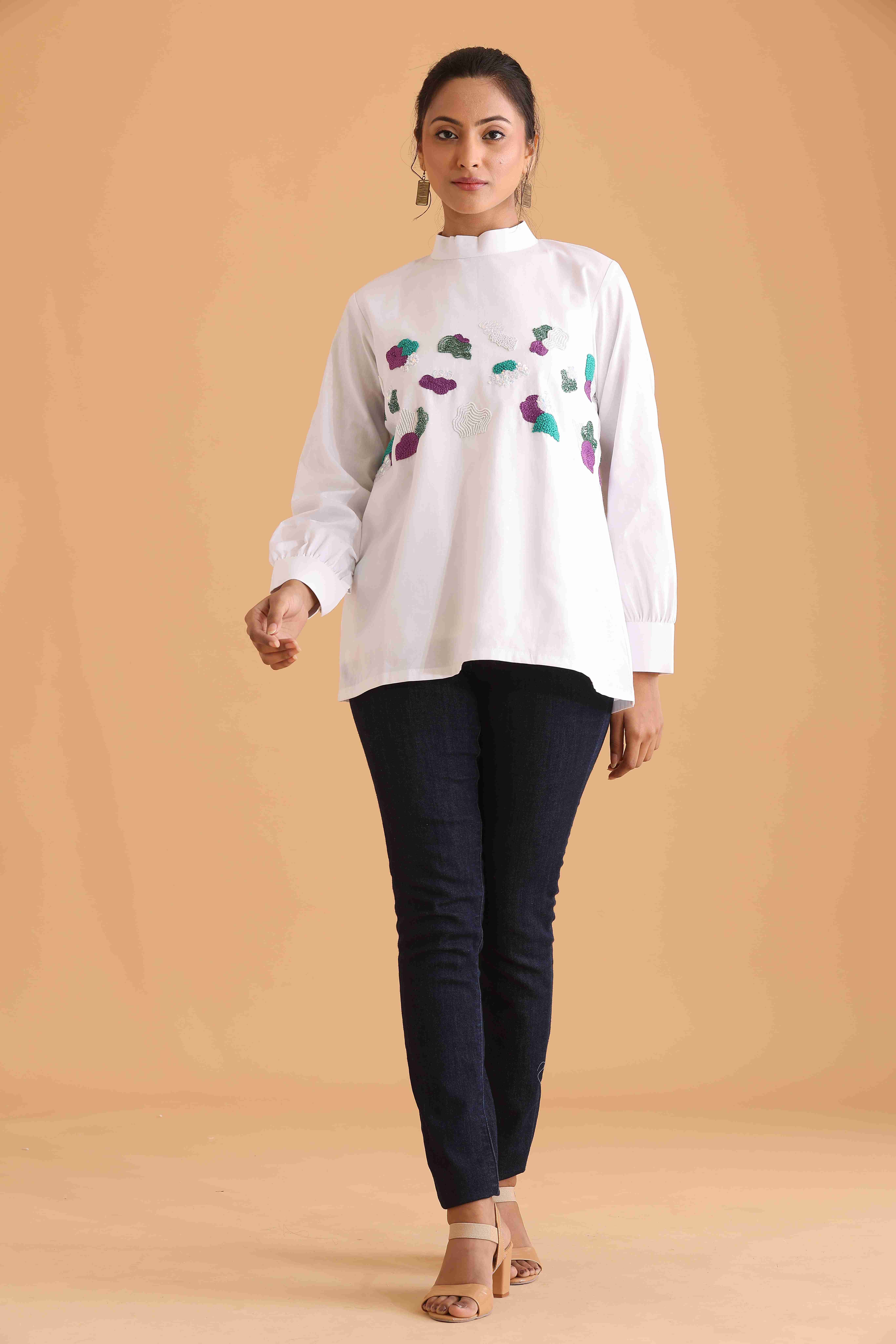 White High-Neck Top with Abstract Embroidery