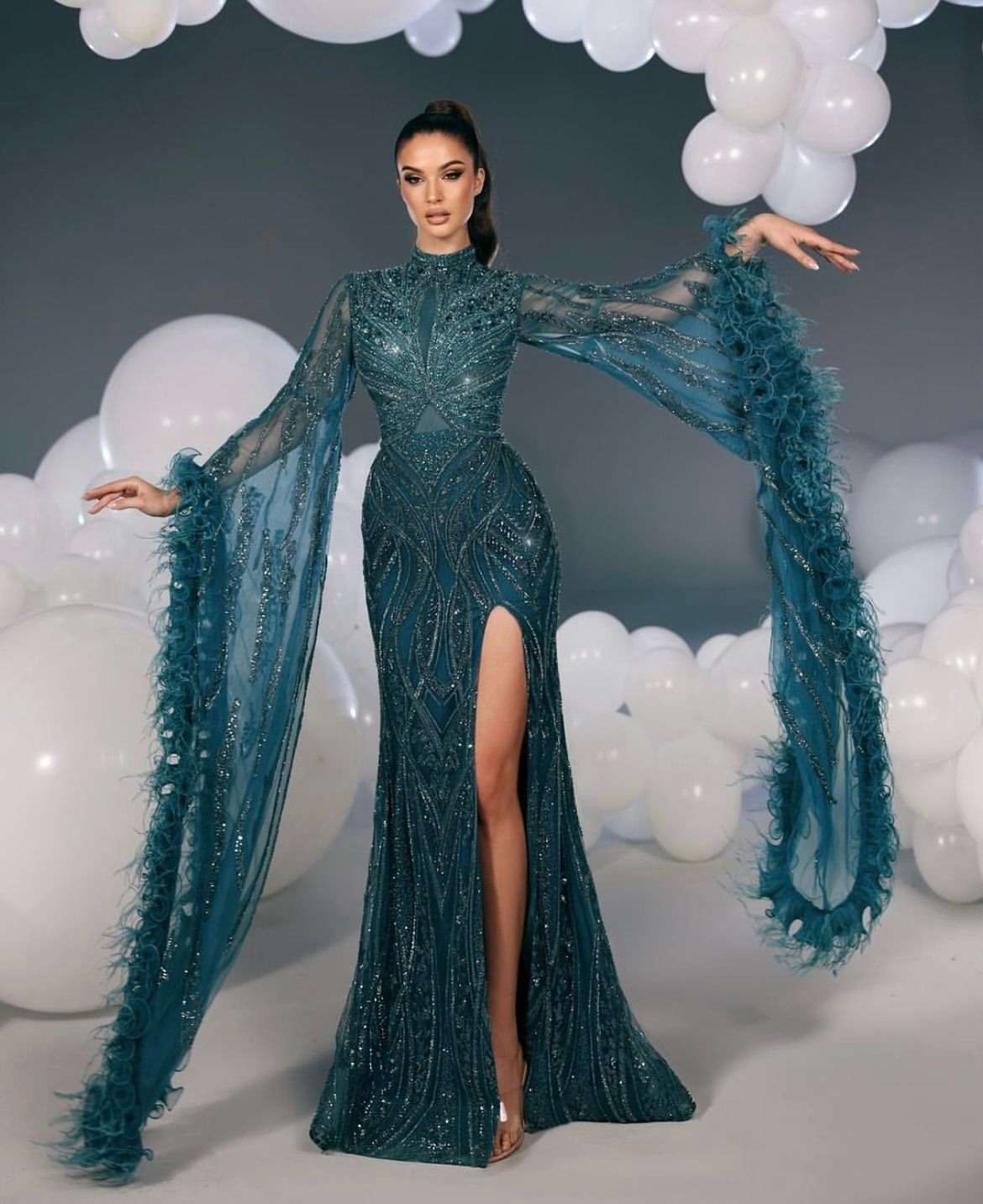 Green Feather Sleeves Gown