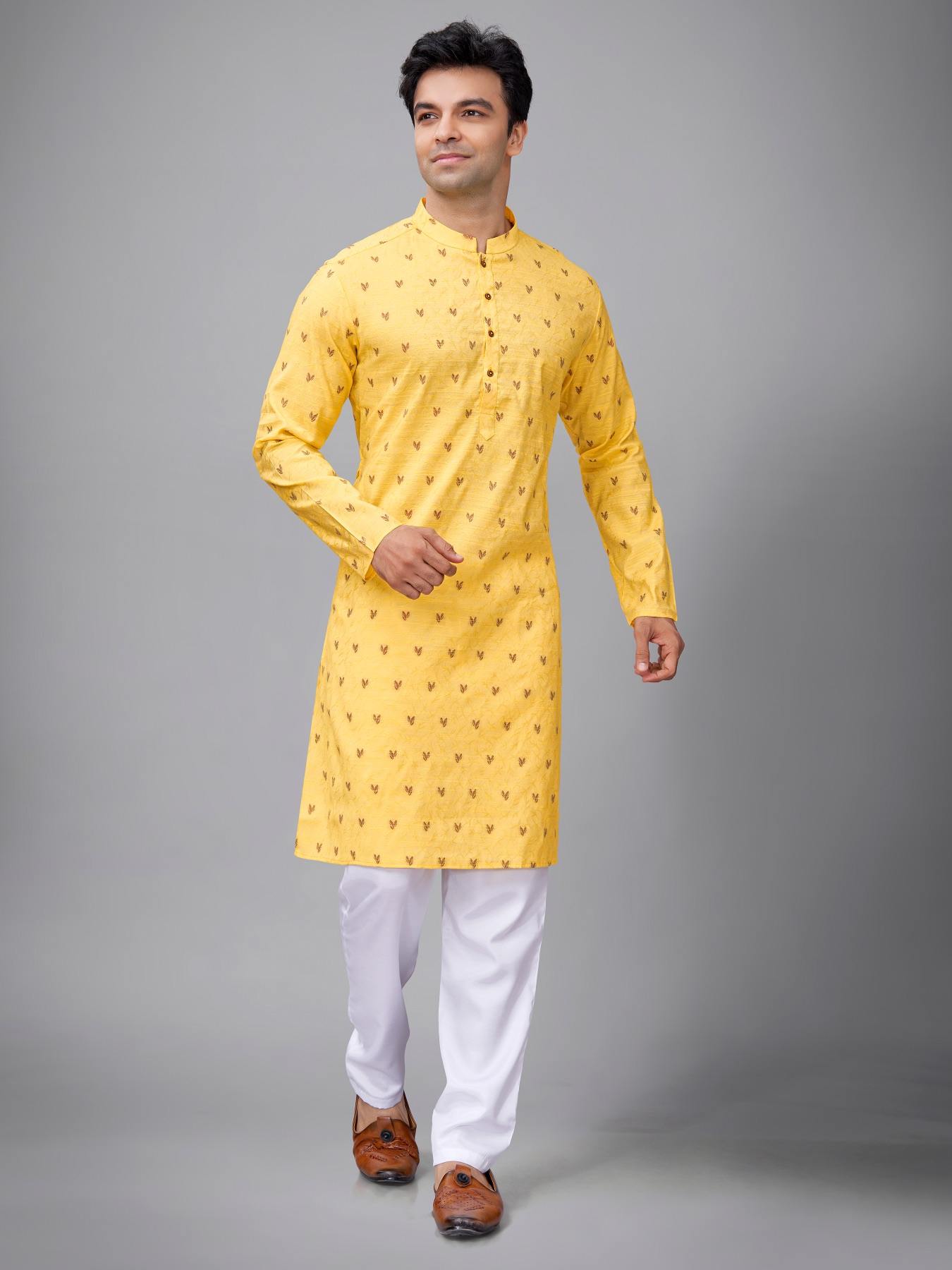 Yellow Haldi Leaf Motif Kurta Set