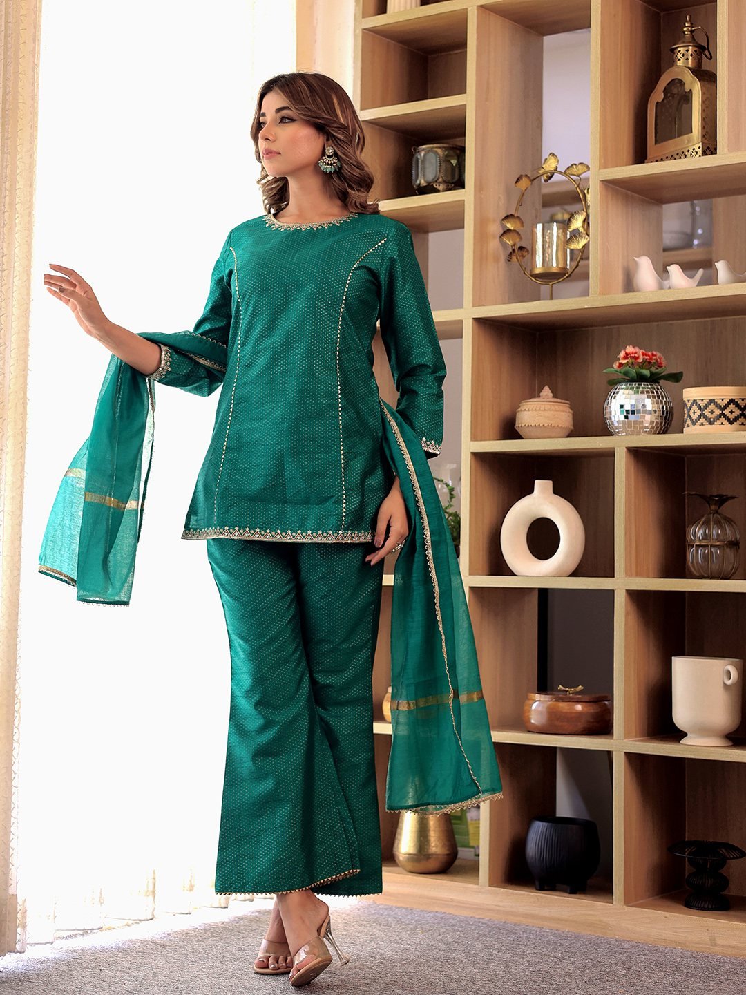 GREEN EMBROIDERED KURTA WITH BELL BOTTOM PANT & DUPATTA