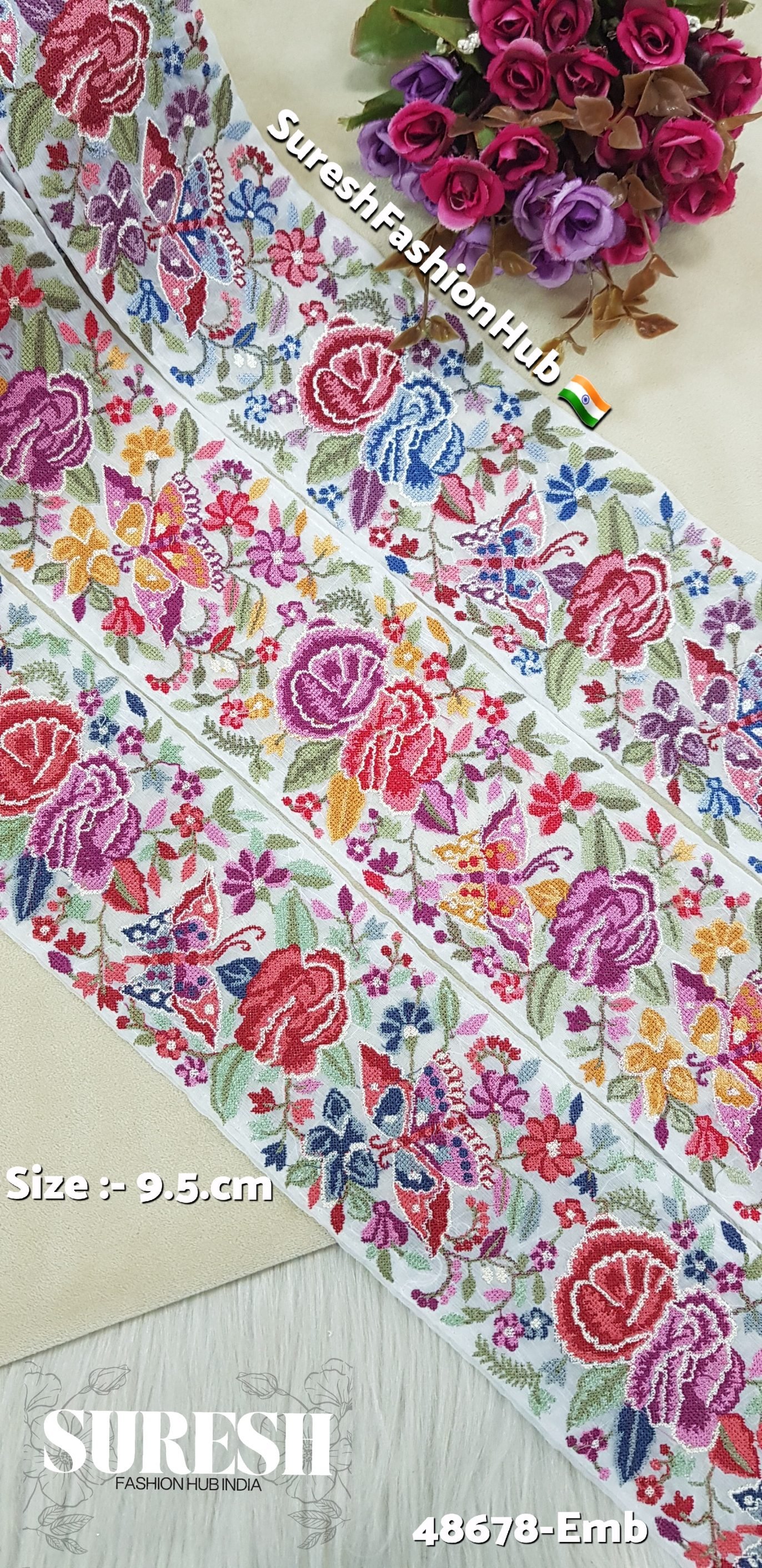 48678-Emb Color No 7 Cross Stitch Butterfly & Flower Border