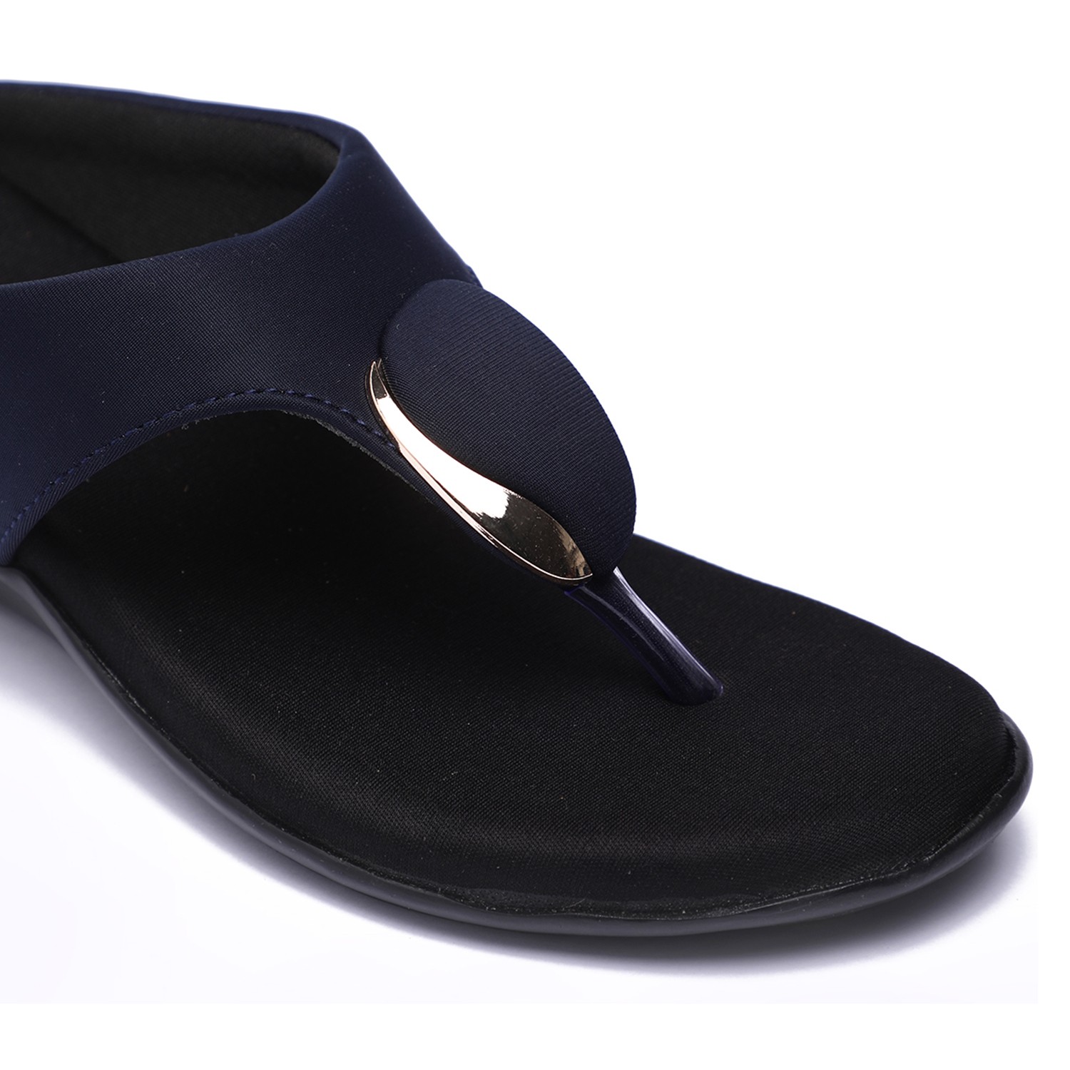 Women Navy Blue Wedge Thong Sandals with Gold Accent