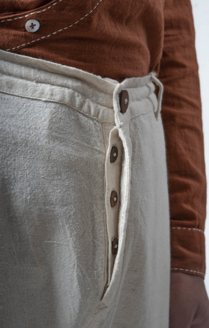 Men's Beige Cotton Solid Trouser