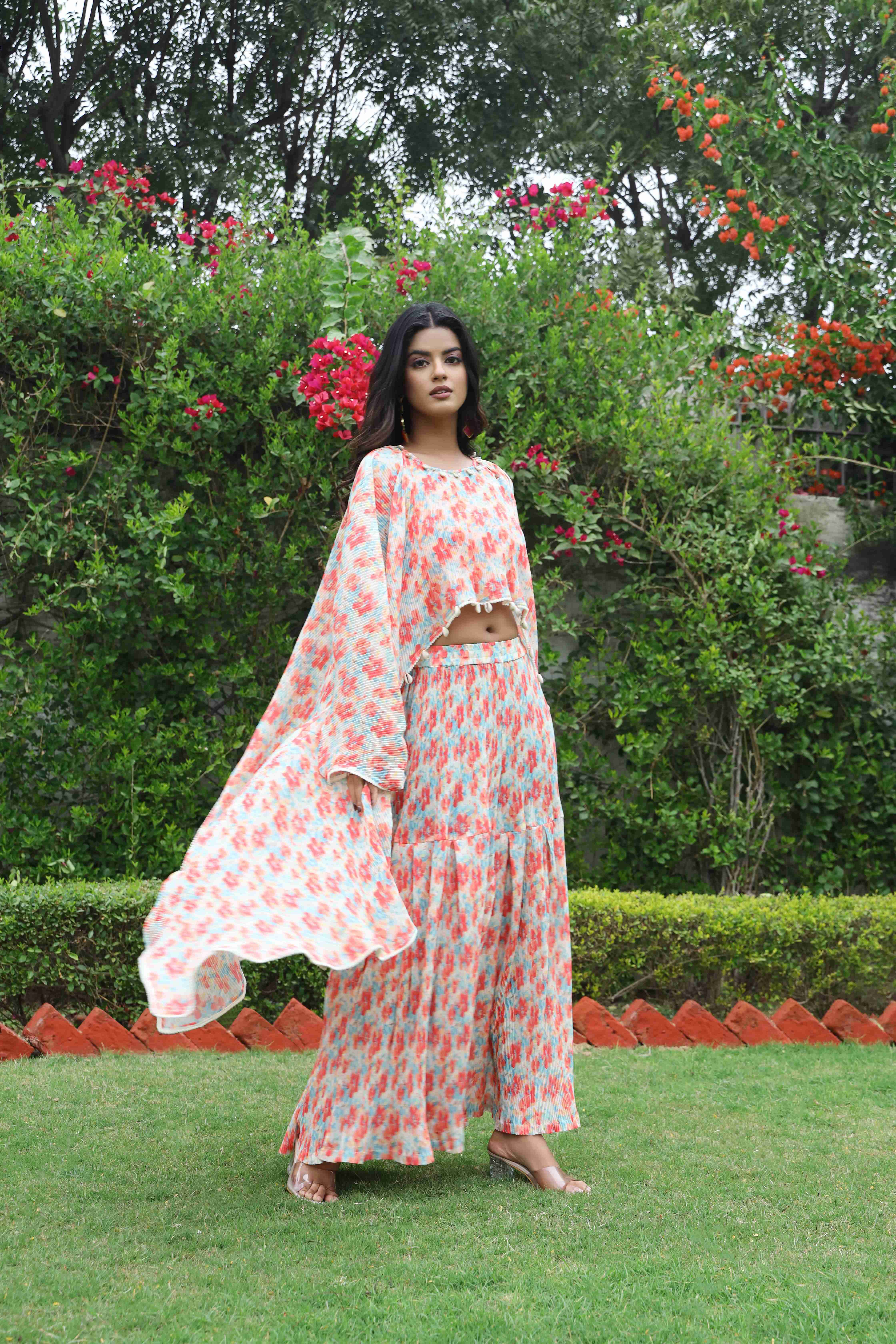 Women's Printed Embroidered kaftan top with sharara